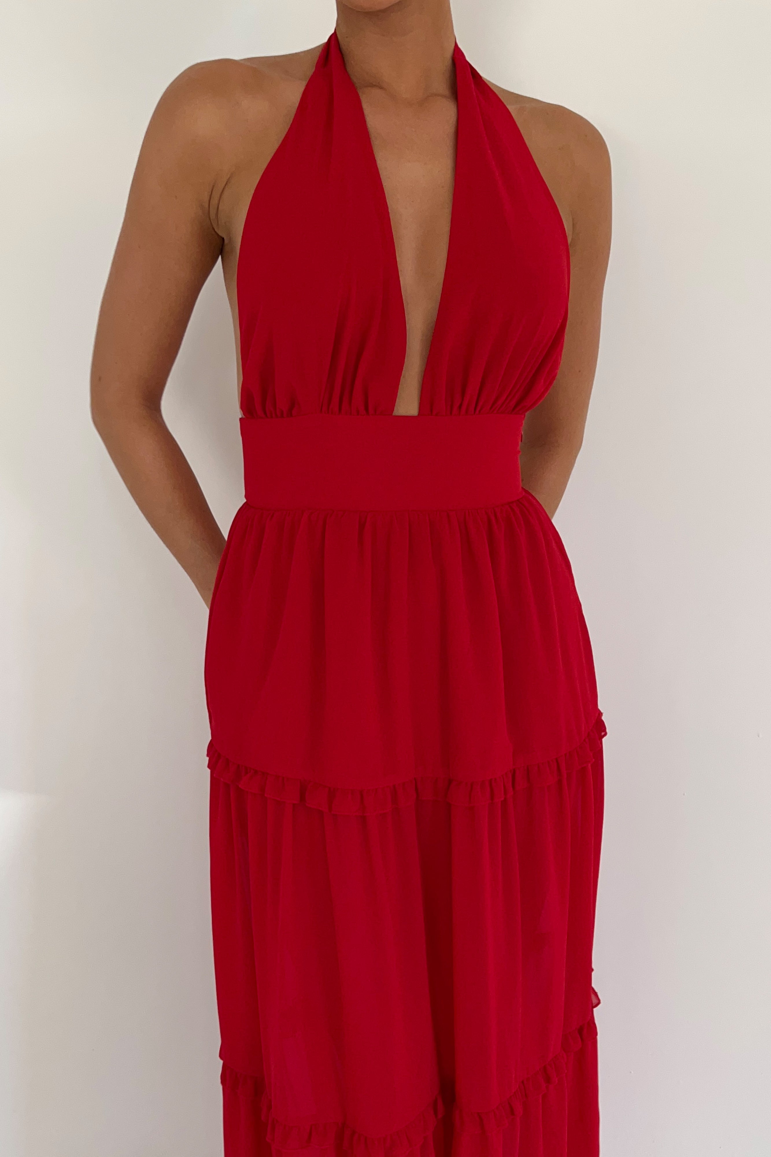 Marianna Tiered Halter Maxi Dress - Vermilion Red