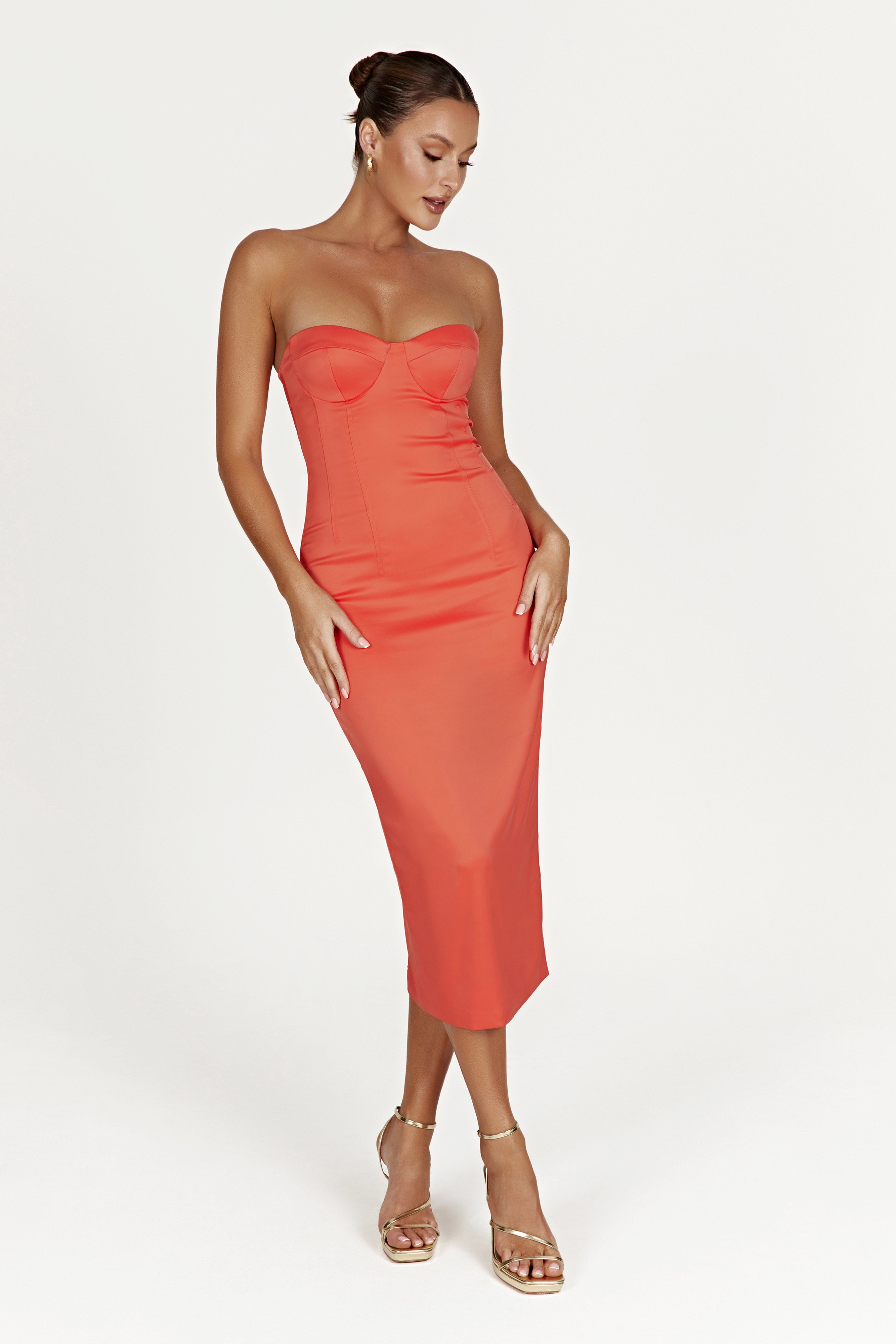 Bryony Cupped Bodycon Midi Dress - Coral