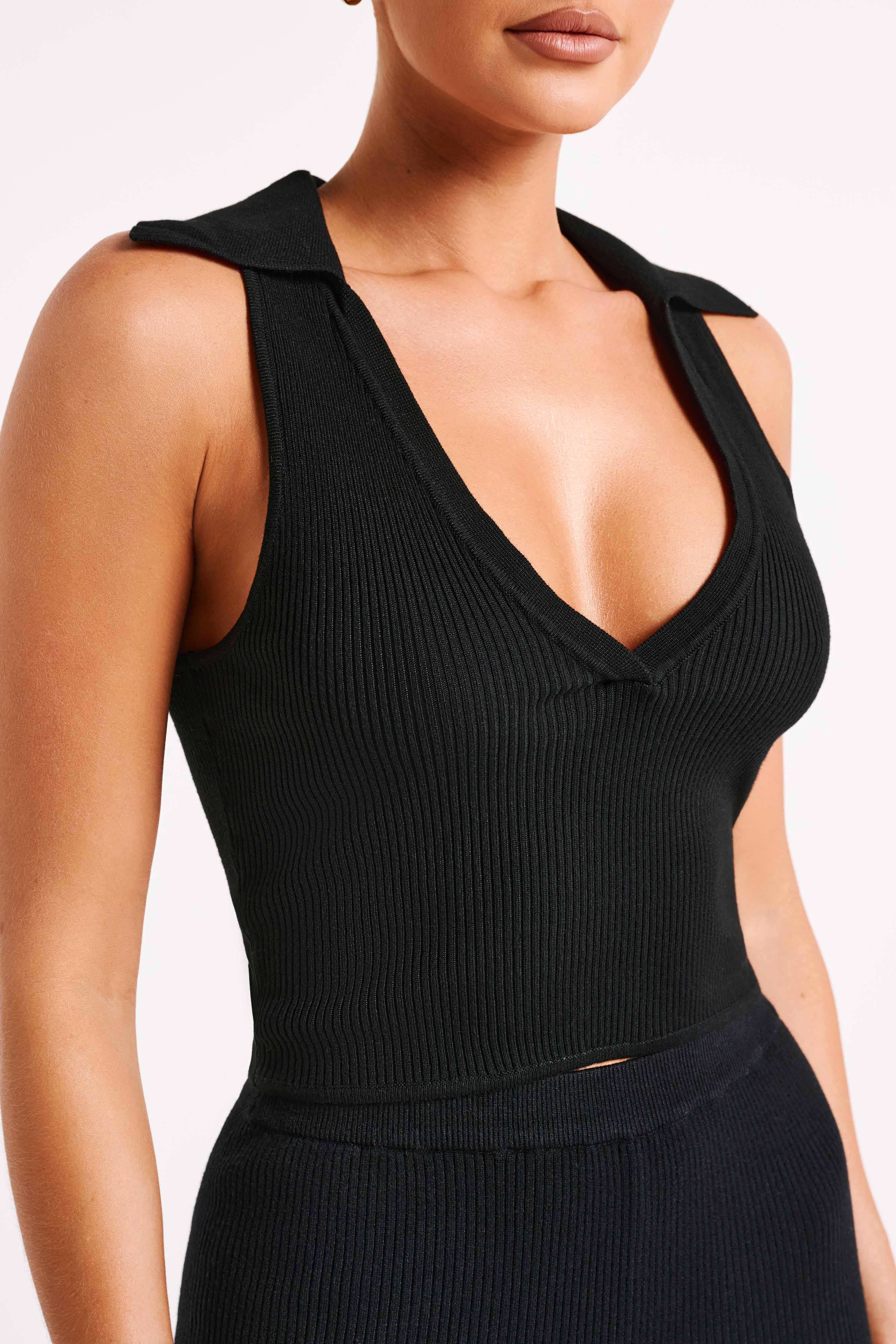 Viola Collared Knit Tank Top - Black