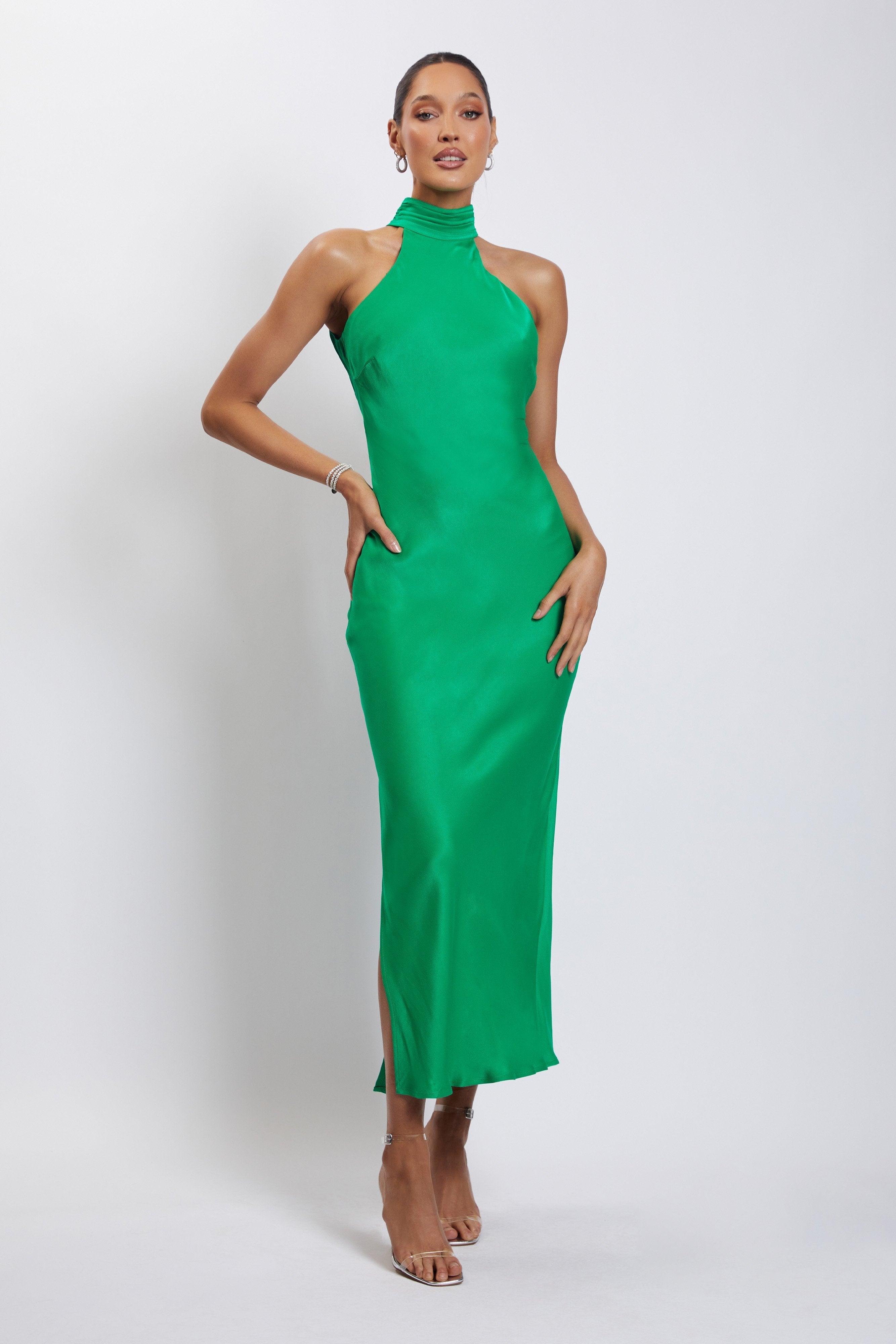 Claire Satin Drape Back Maxi Dress with Split - Green