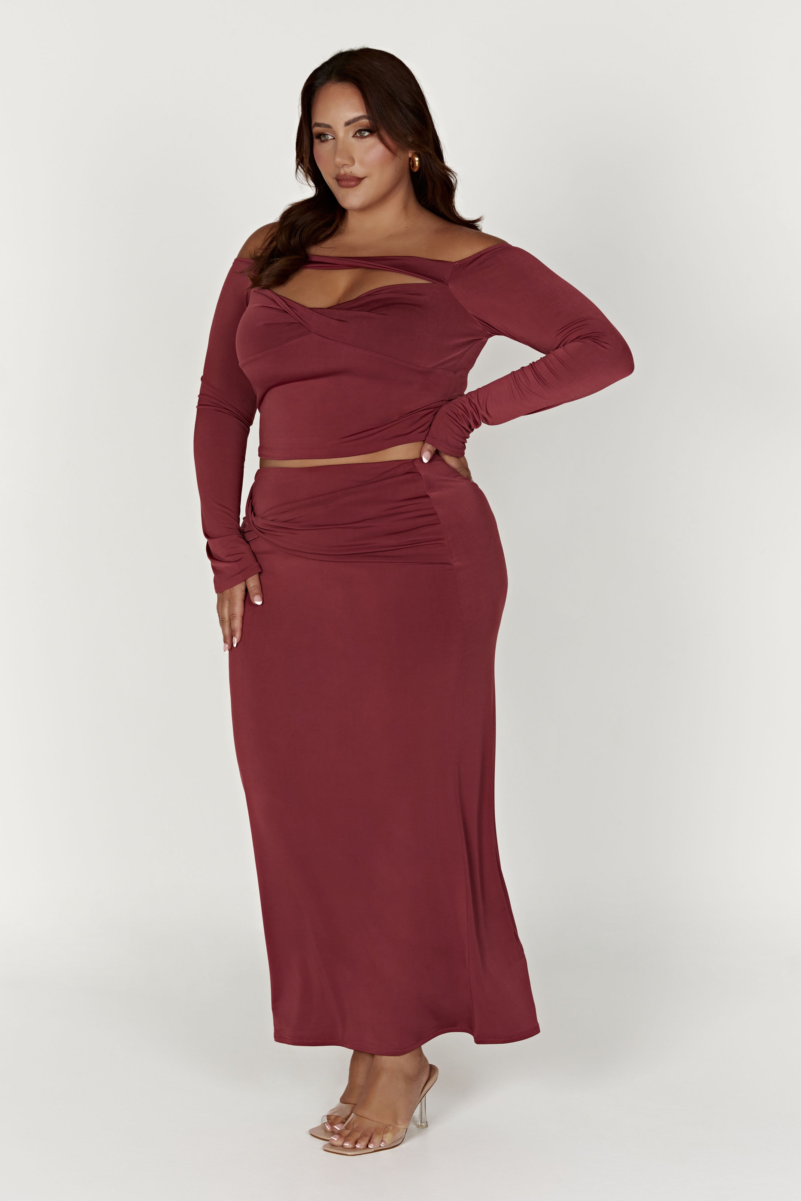 Ceri Off Shoulder Long Sleeve Top - Wine