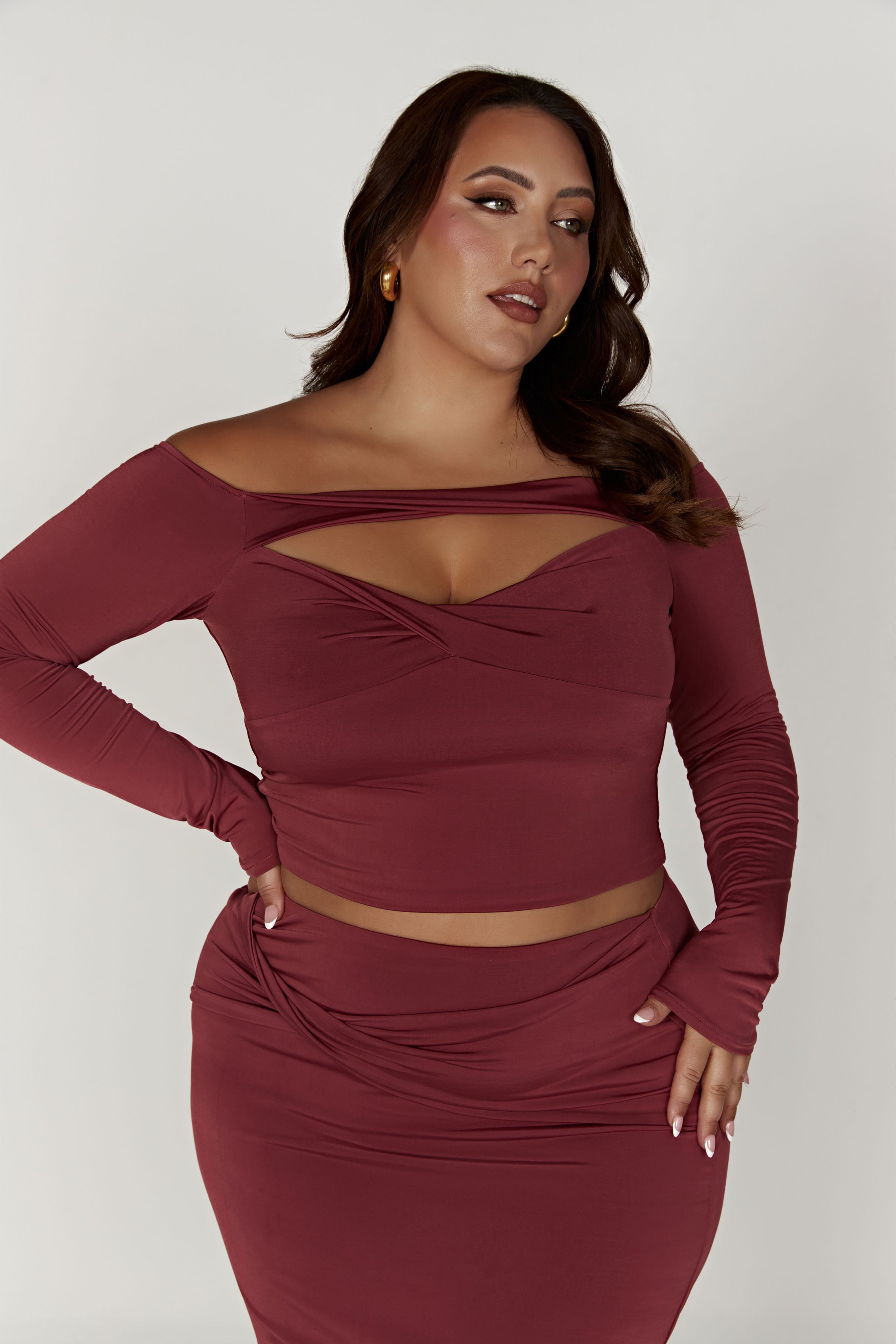 Ceri Off Shoulder Long Sleeve Top - Wine