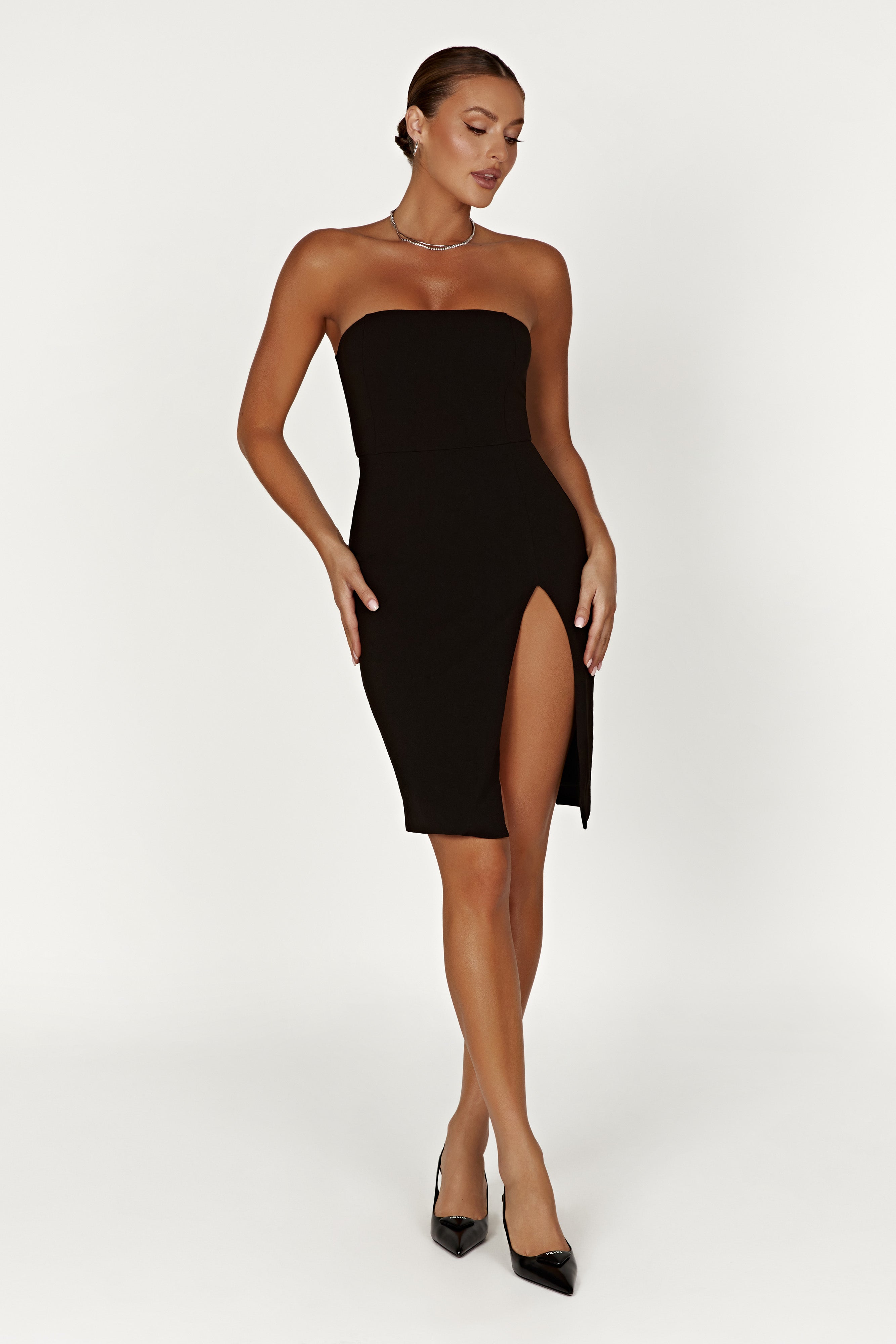 Rachel Crepe Bandeau Thigh Split Mini Dress - Black