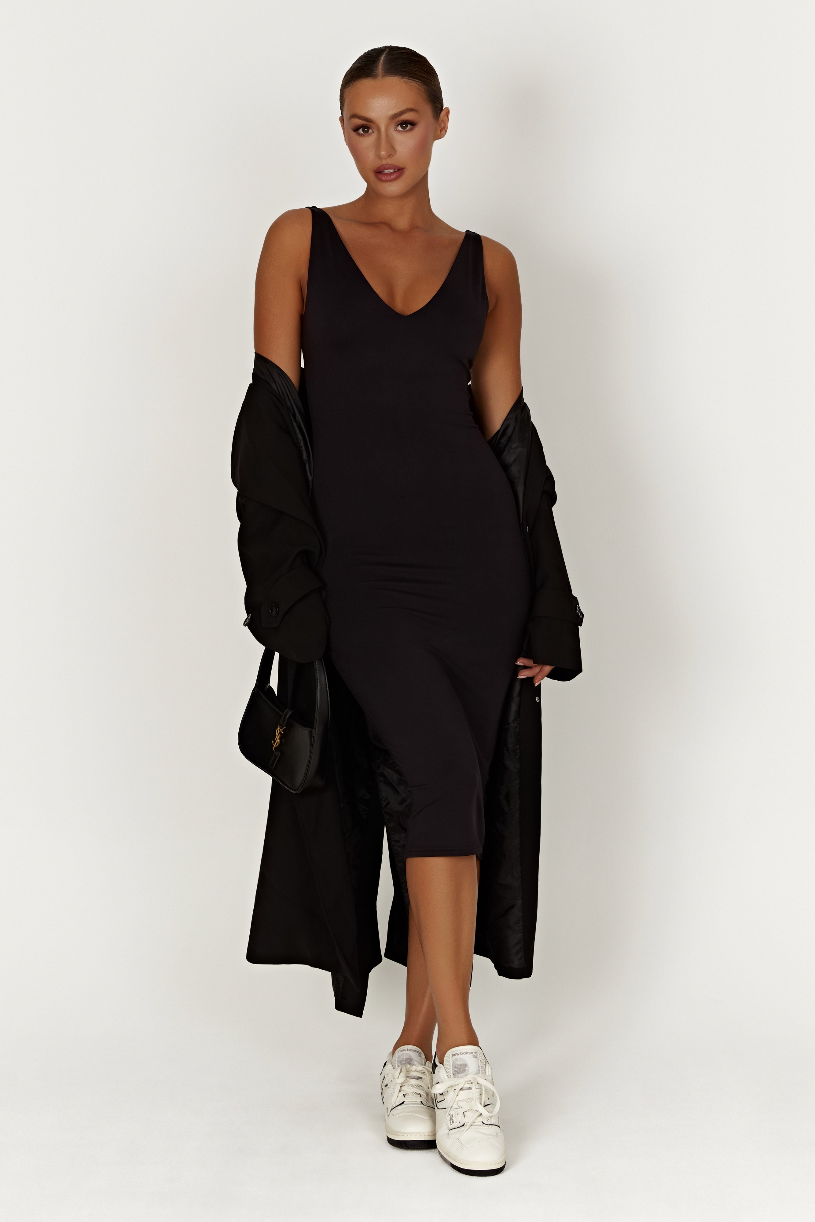 Gretel Recycled Nylon V Neck Midi Dress - Black