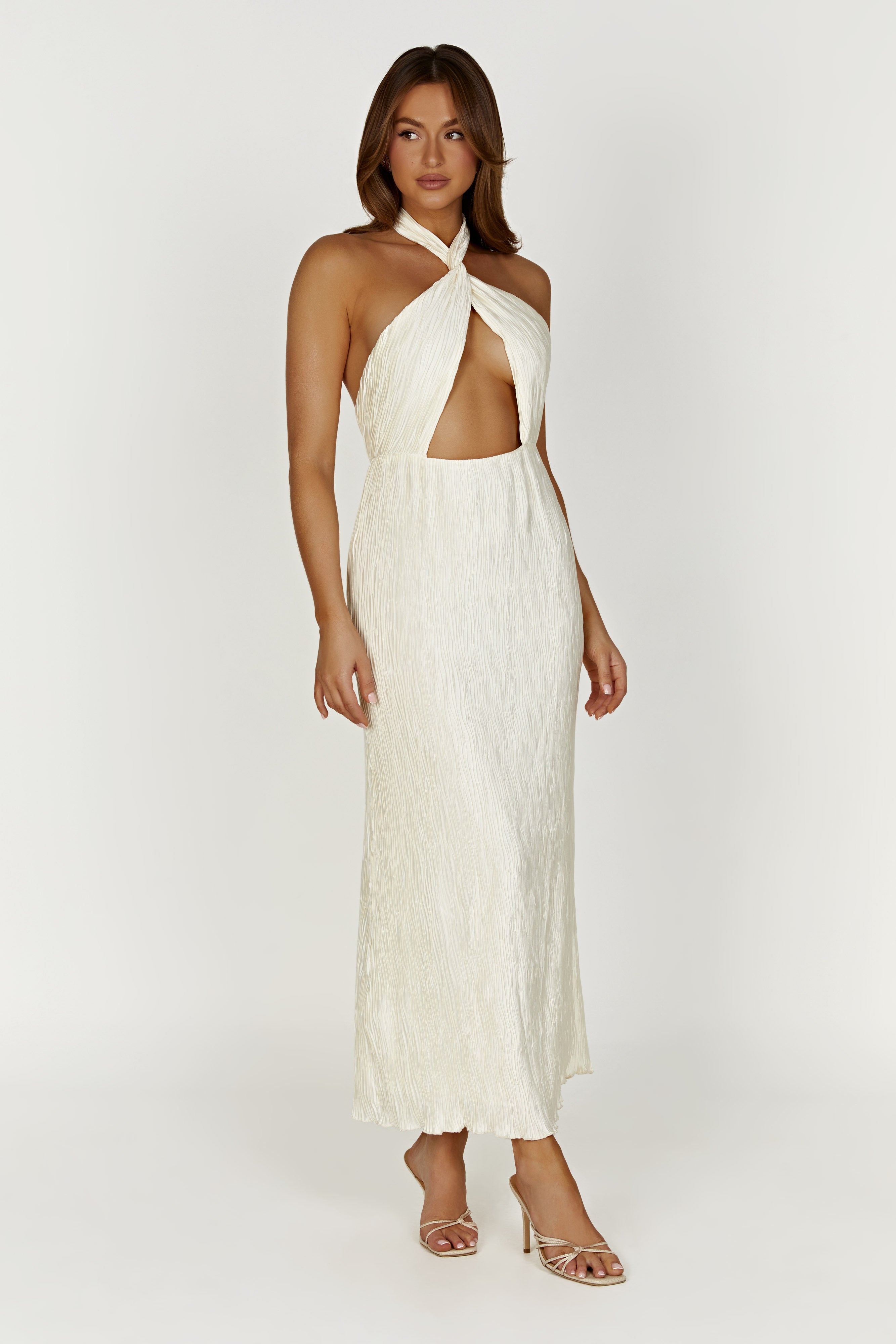 Demetria Plisse Halter Maxi Dress - Ivory