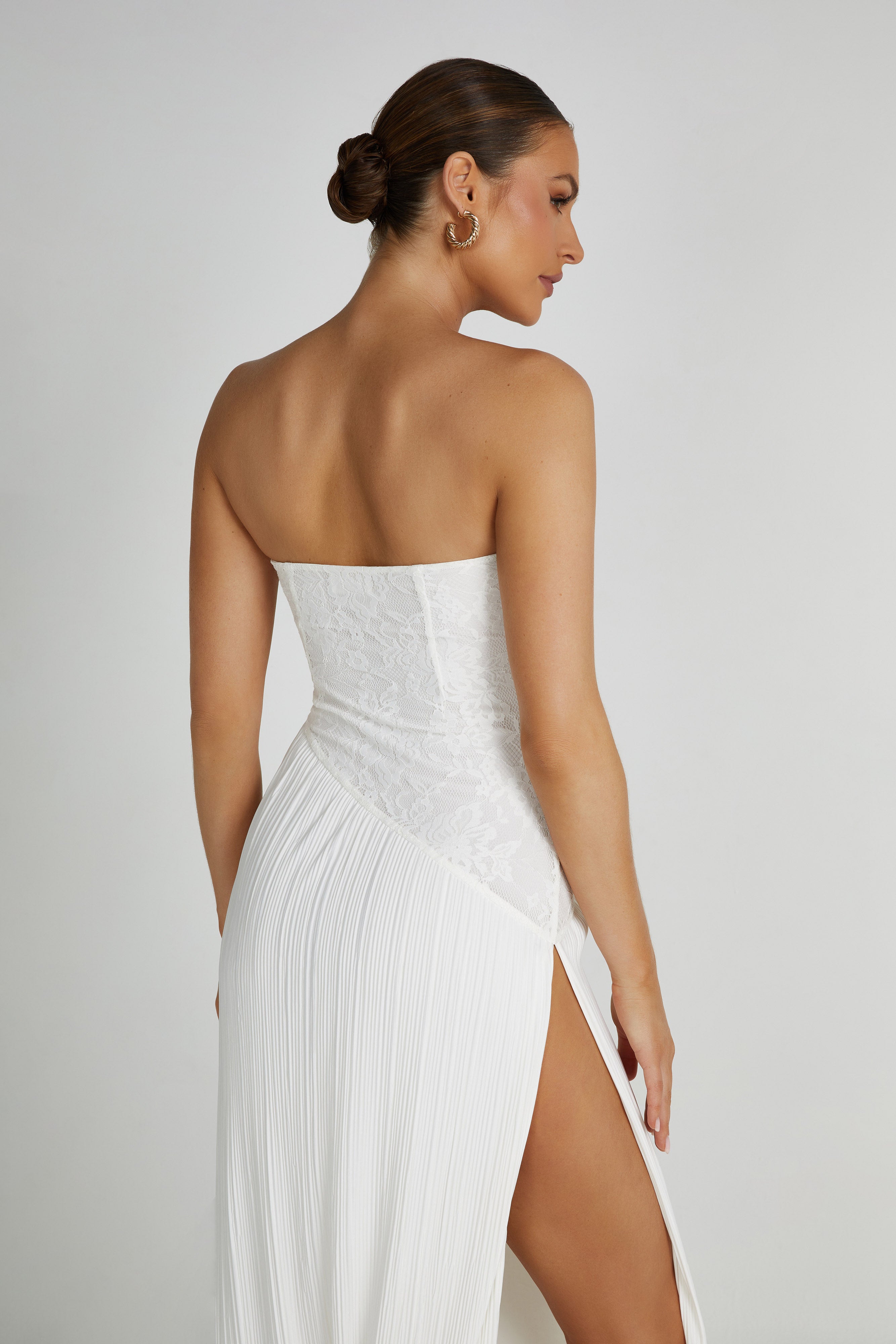 Skye Lace Plisse Strapless Midi Dress - White