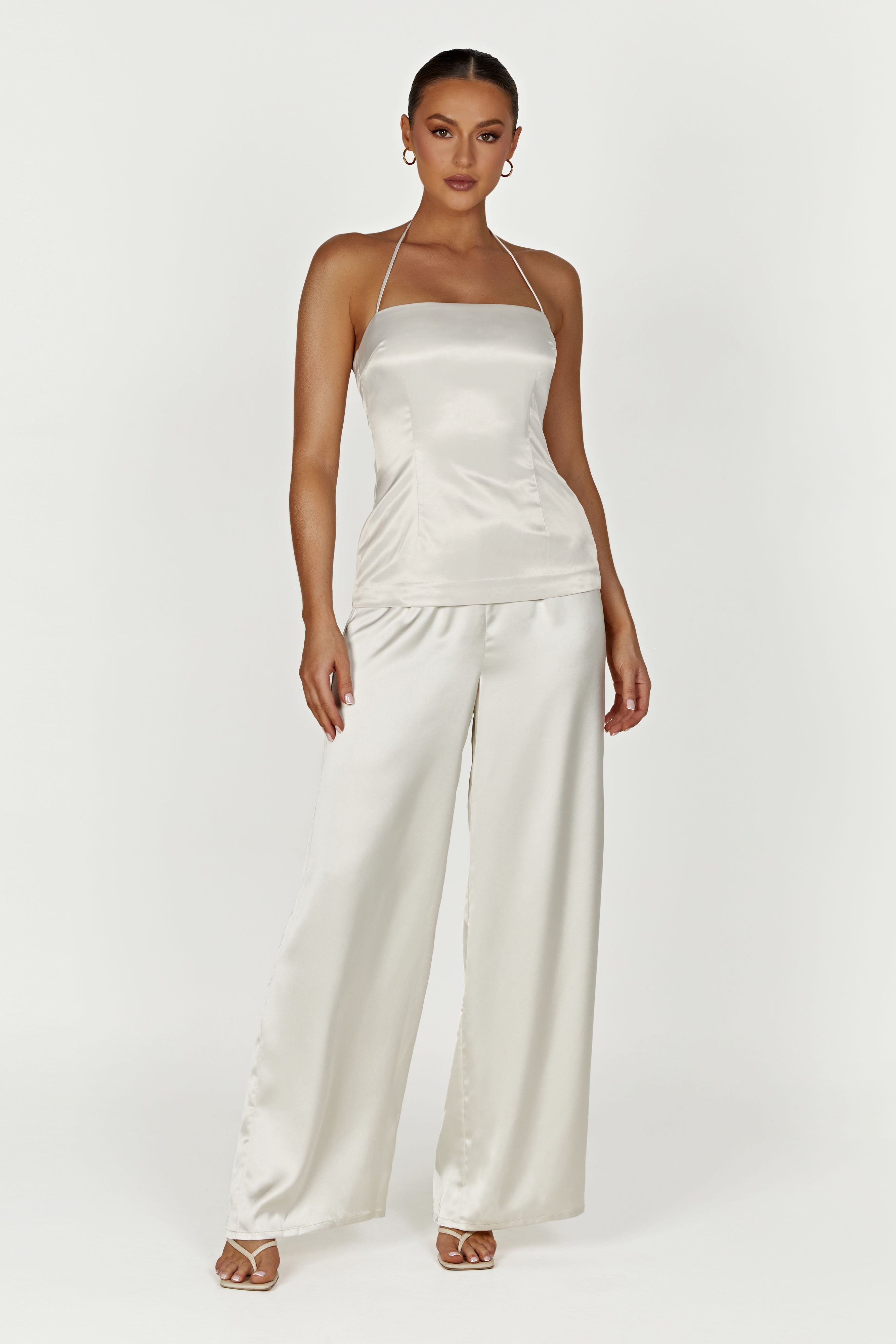 Noemi Longline Satin Halter Neck Top - Ivory