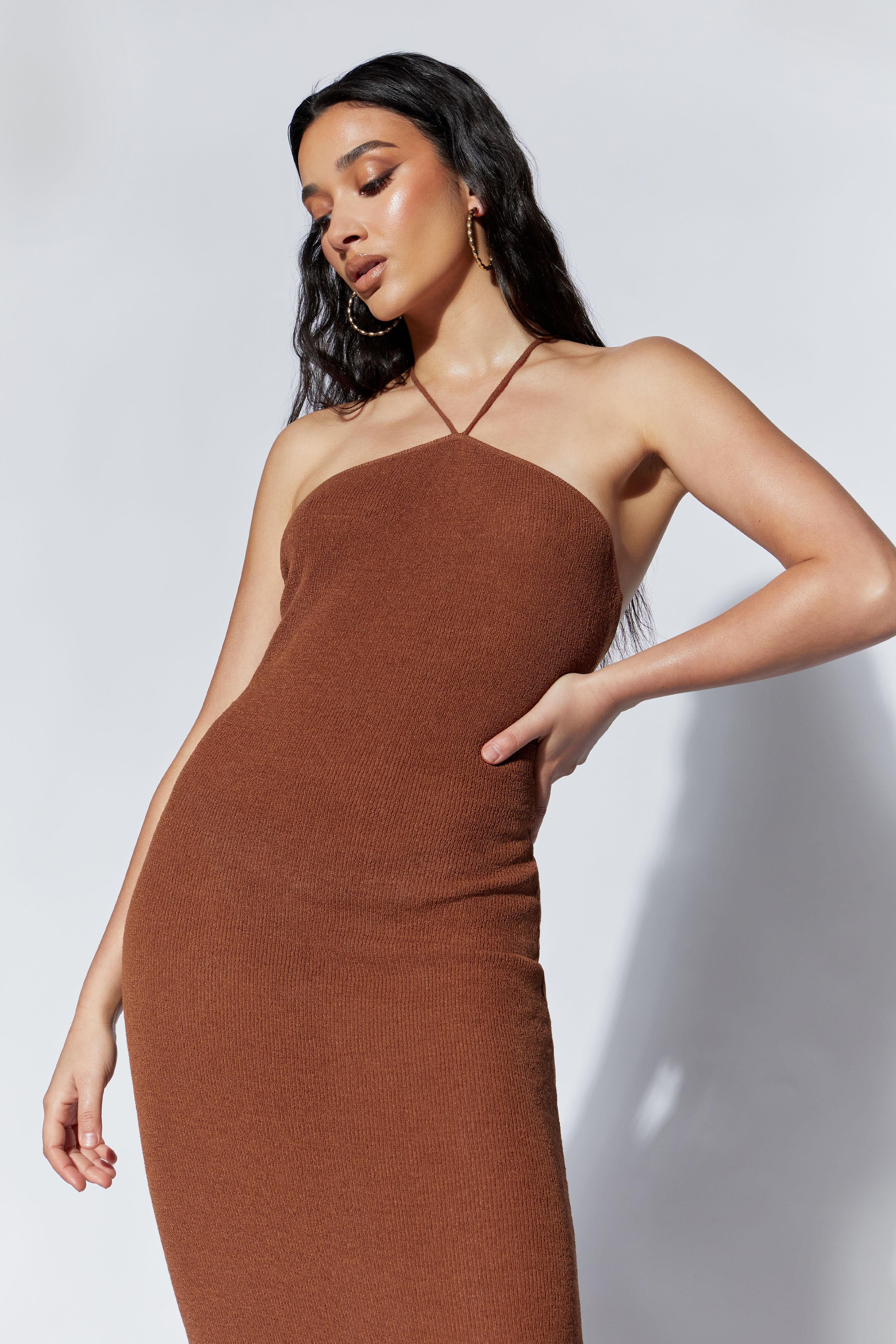 Aryana Asymmetrical Straight Maxi Halter Knit Dress - Clay