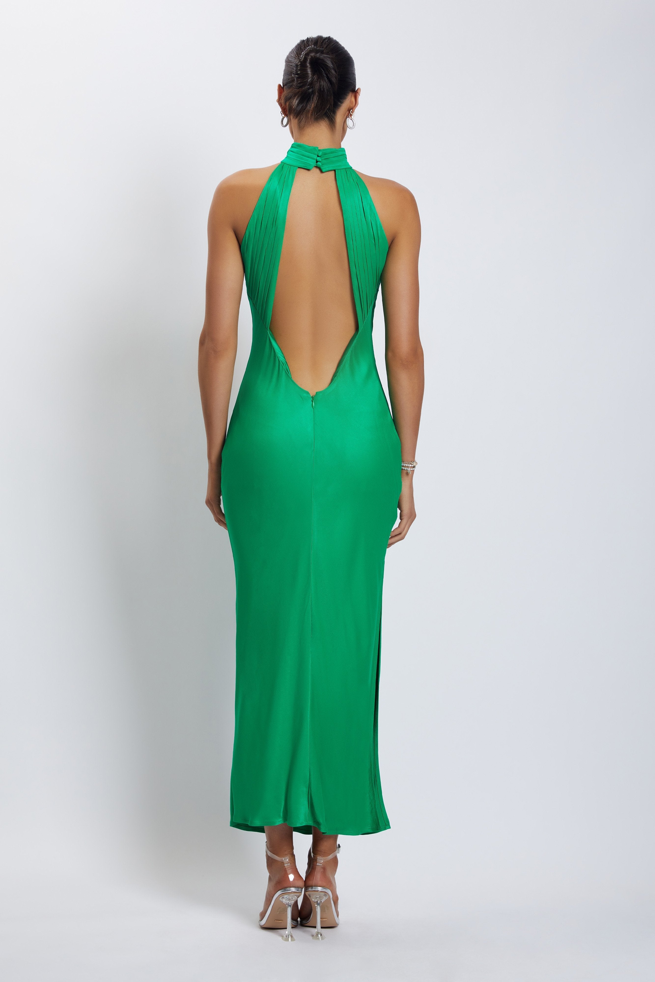 Claire Satin Drape Back Maxi Dress with Split - Green