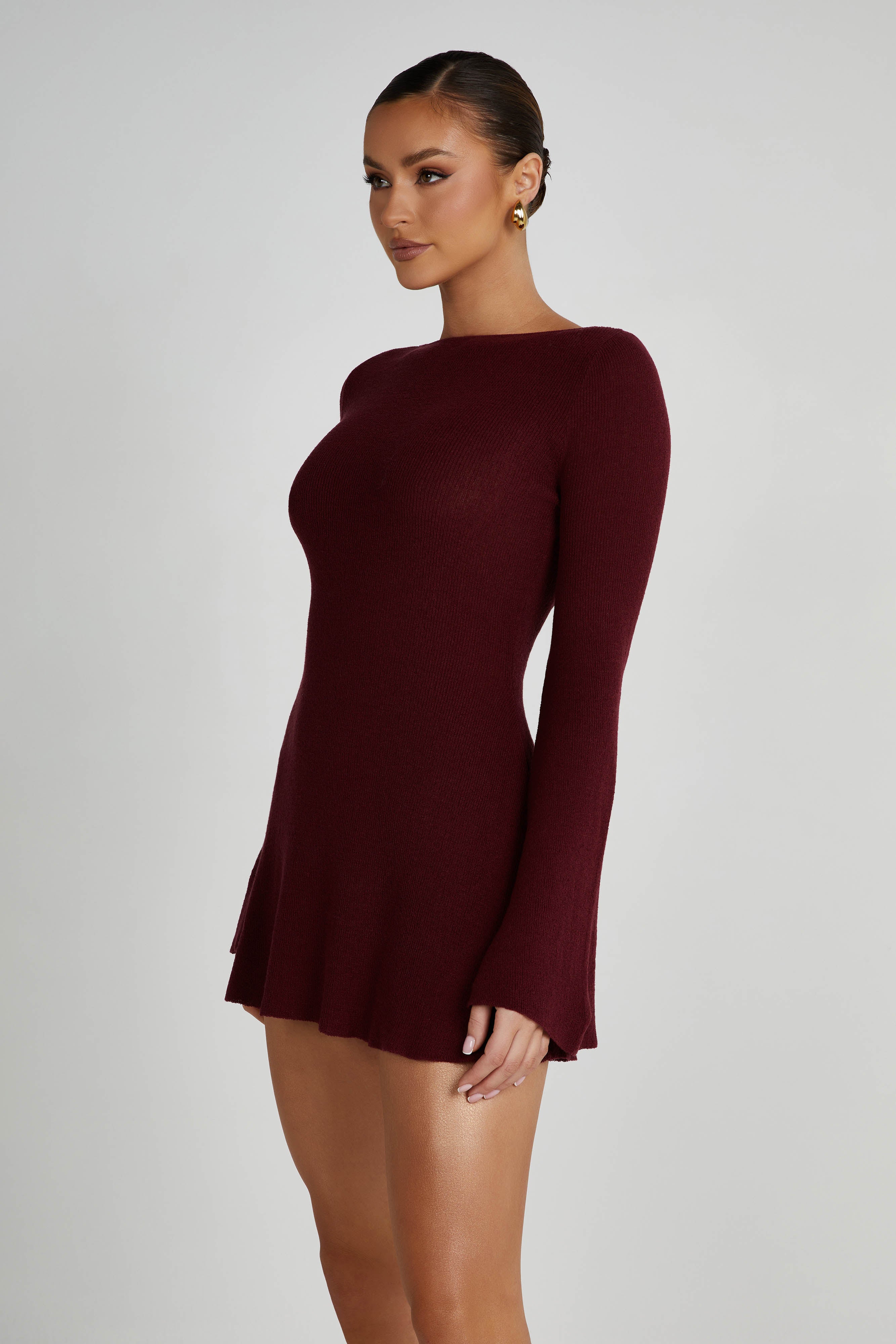 Zahra Long Sleeve Open Back Mini Knit Dress - Berry