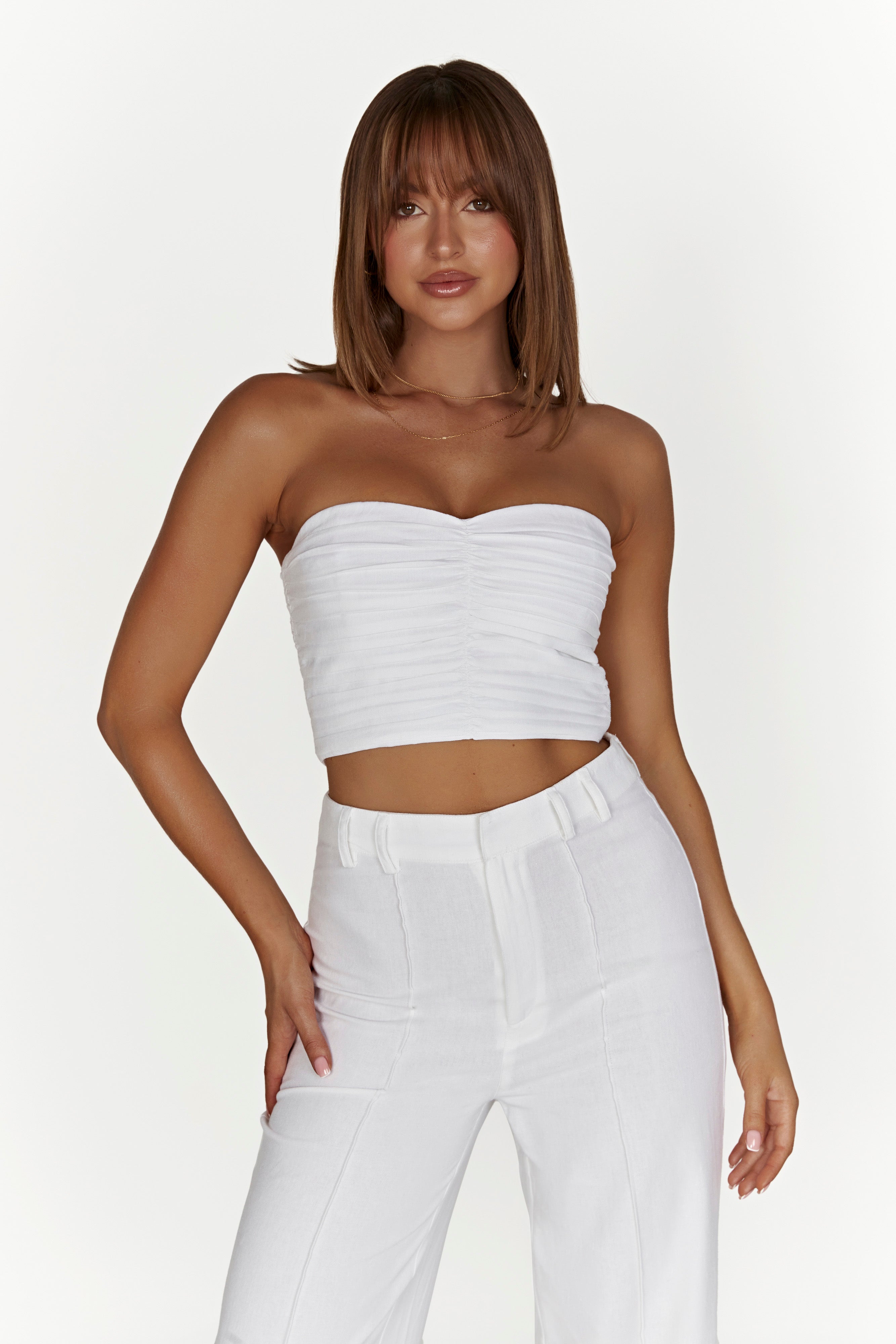 Mckenna Gathered Linen Top - White