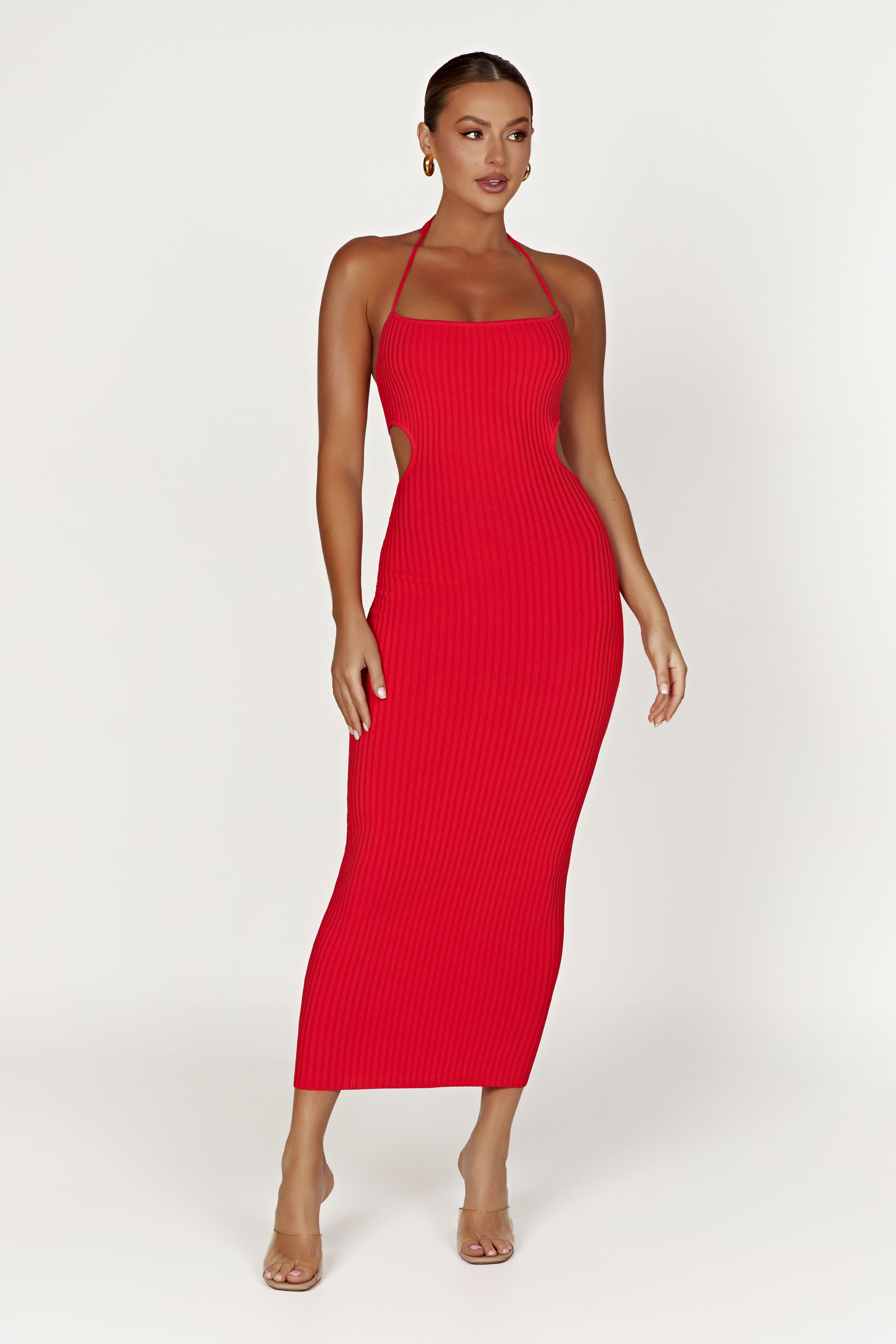 Morgan Halter Knit Midi Dress - Red