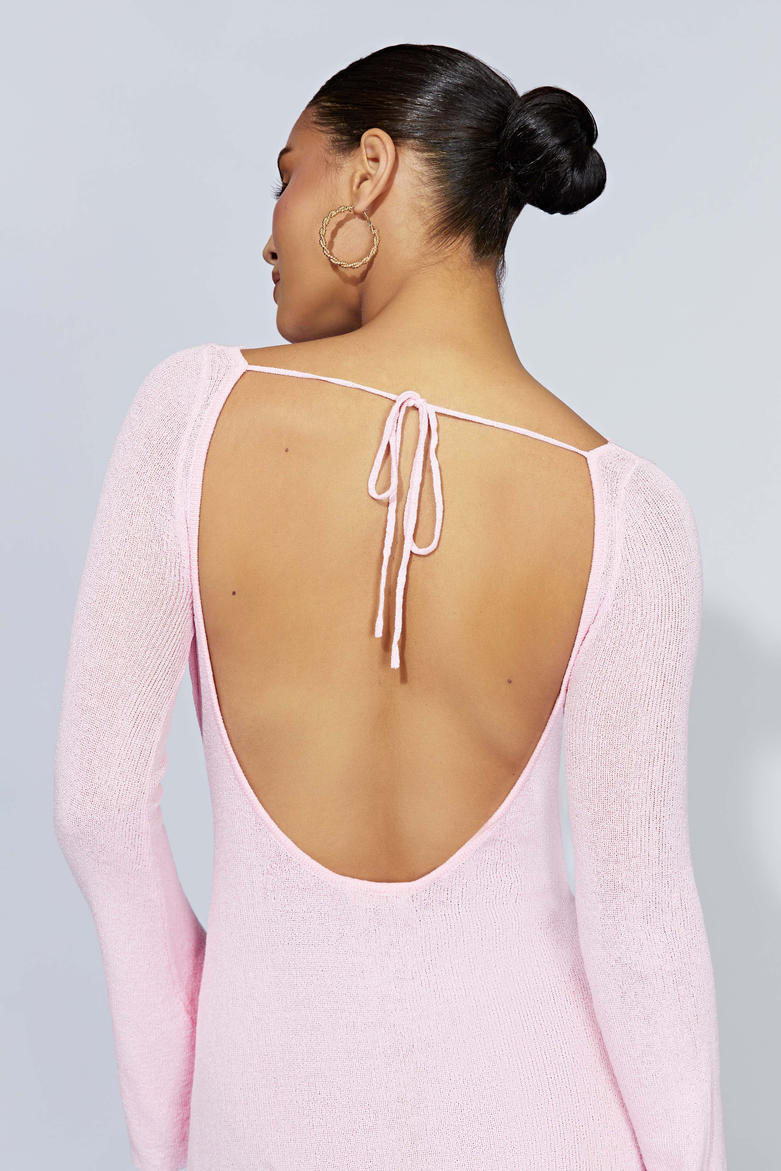 Zahra Long Sleeve Open Back Mini Knit Dress - Blush Pink