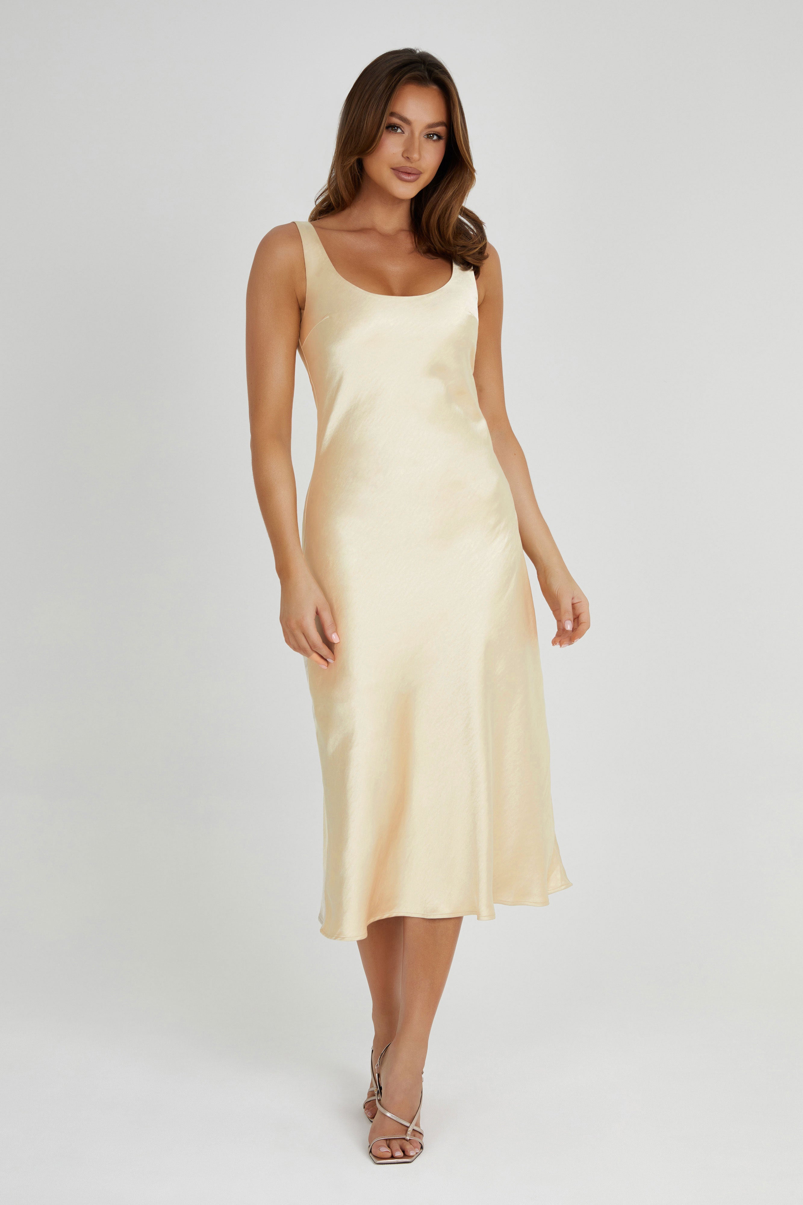 Tamara Satin Iridescent Slip Midi Dress - Gold