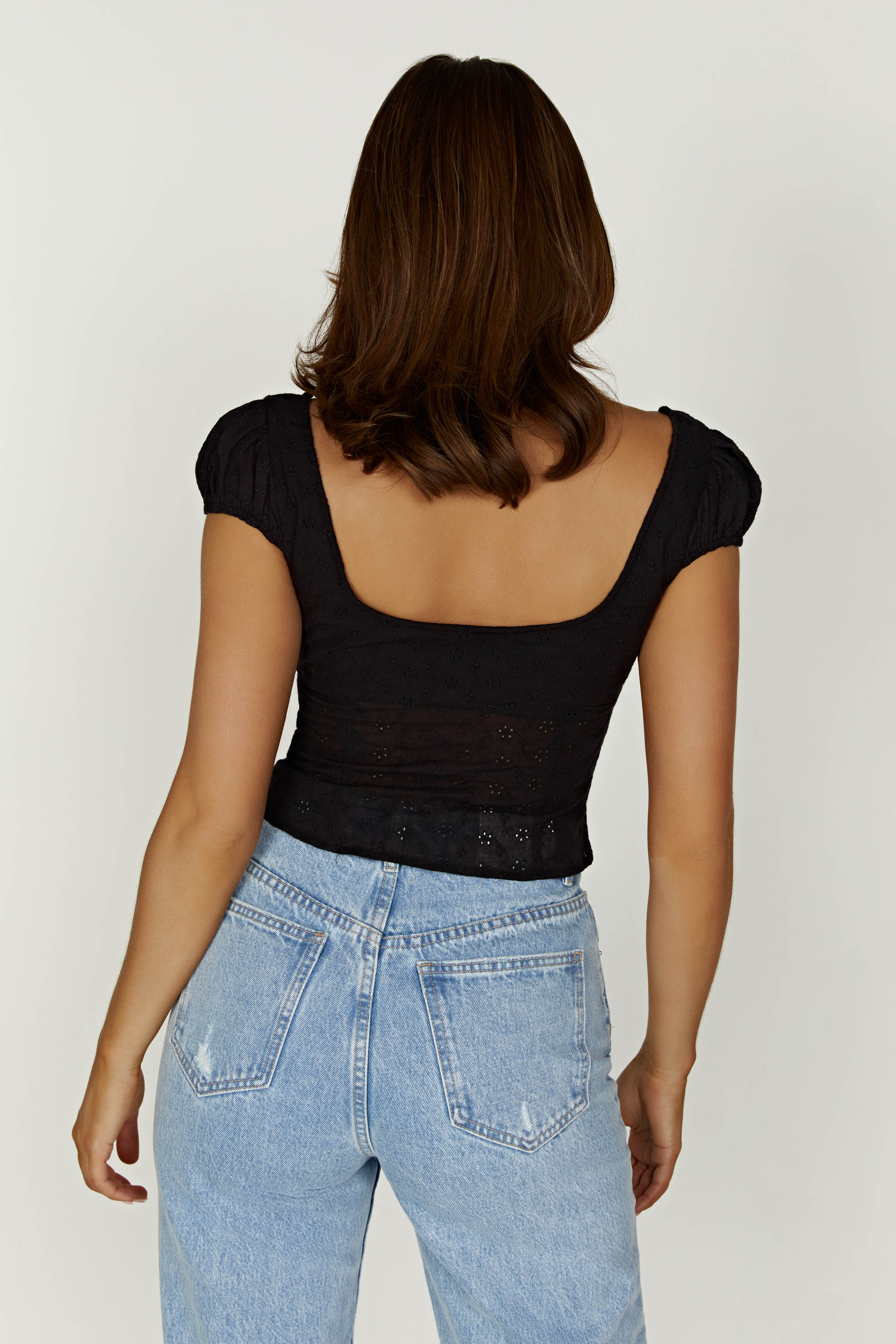 Cressida Cotton Anglaise Puff Sleeve Top - Black