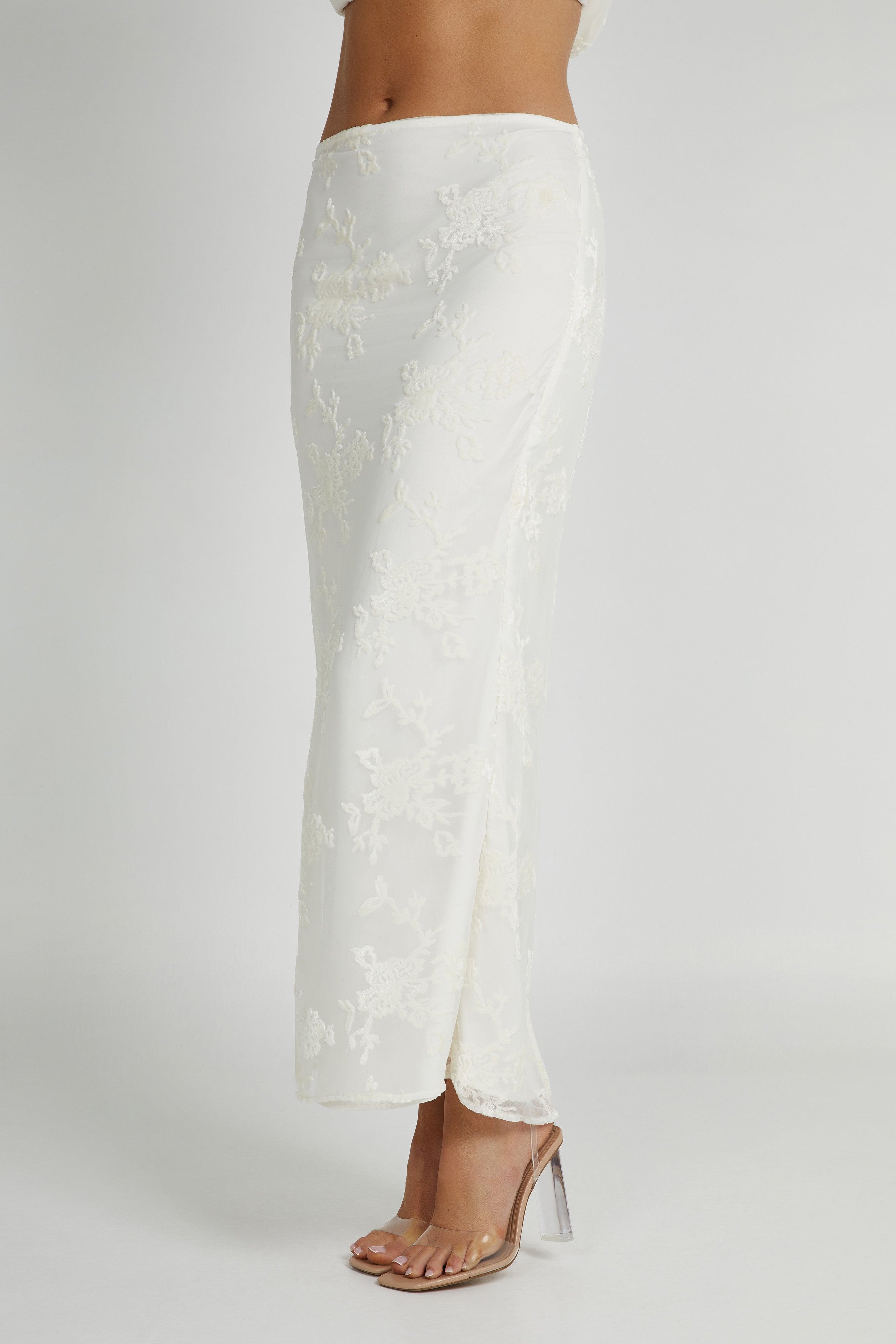 Mona Burnout Velvet Maxi Skirt - White