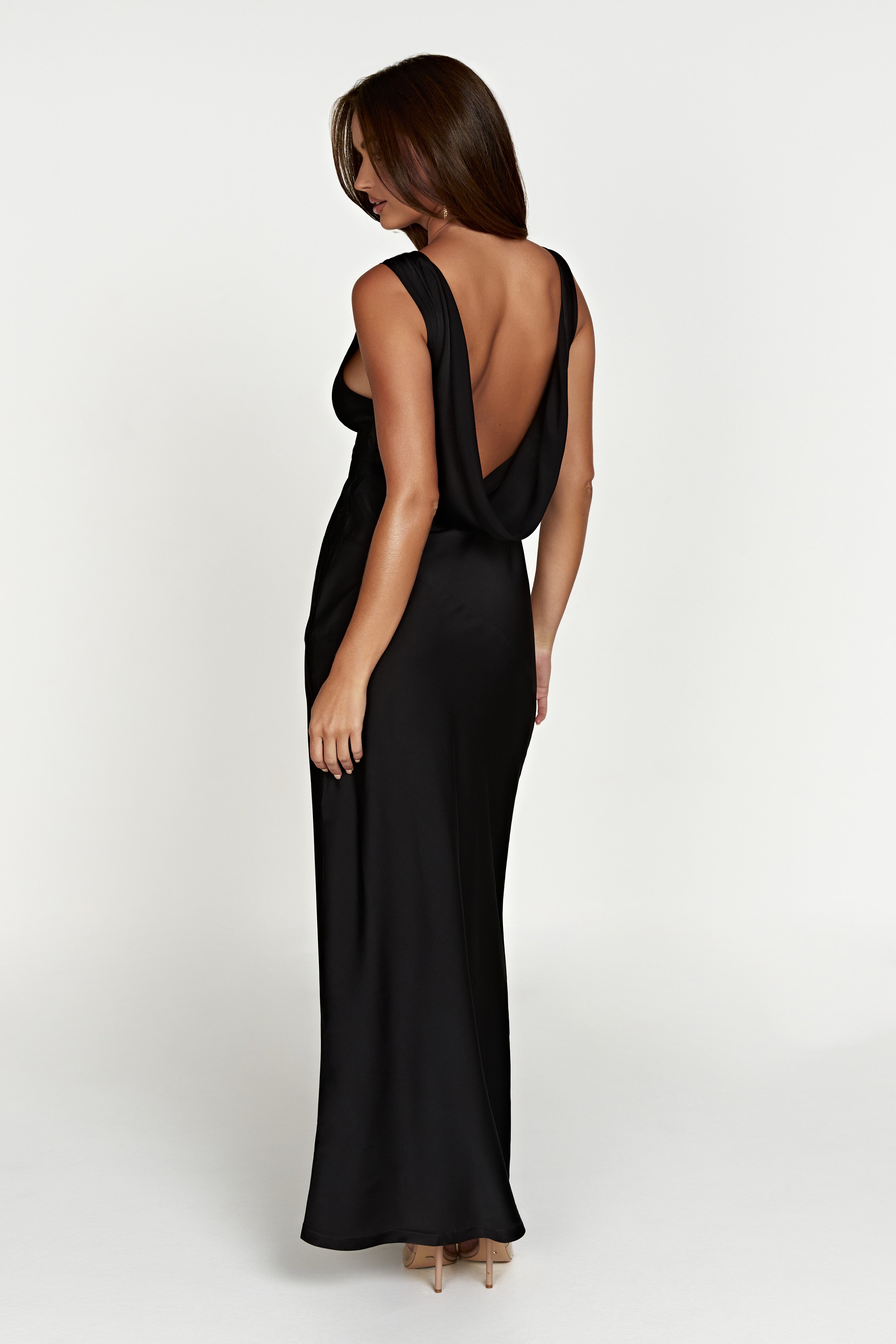 Nadia Maxi Satin Dress With Back Cowl - Black