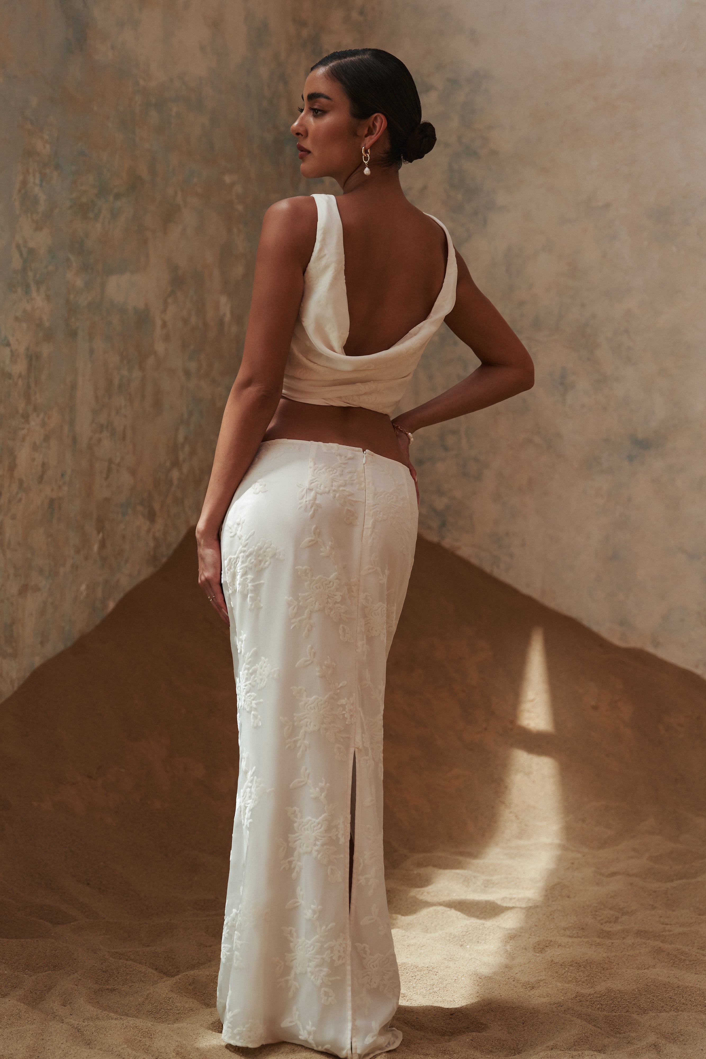 Mona Burnout Velvet Maxi Skirt - White