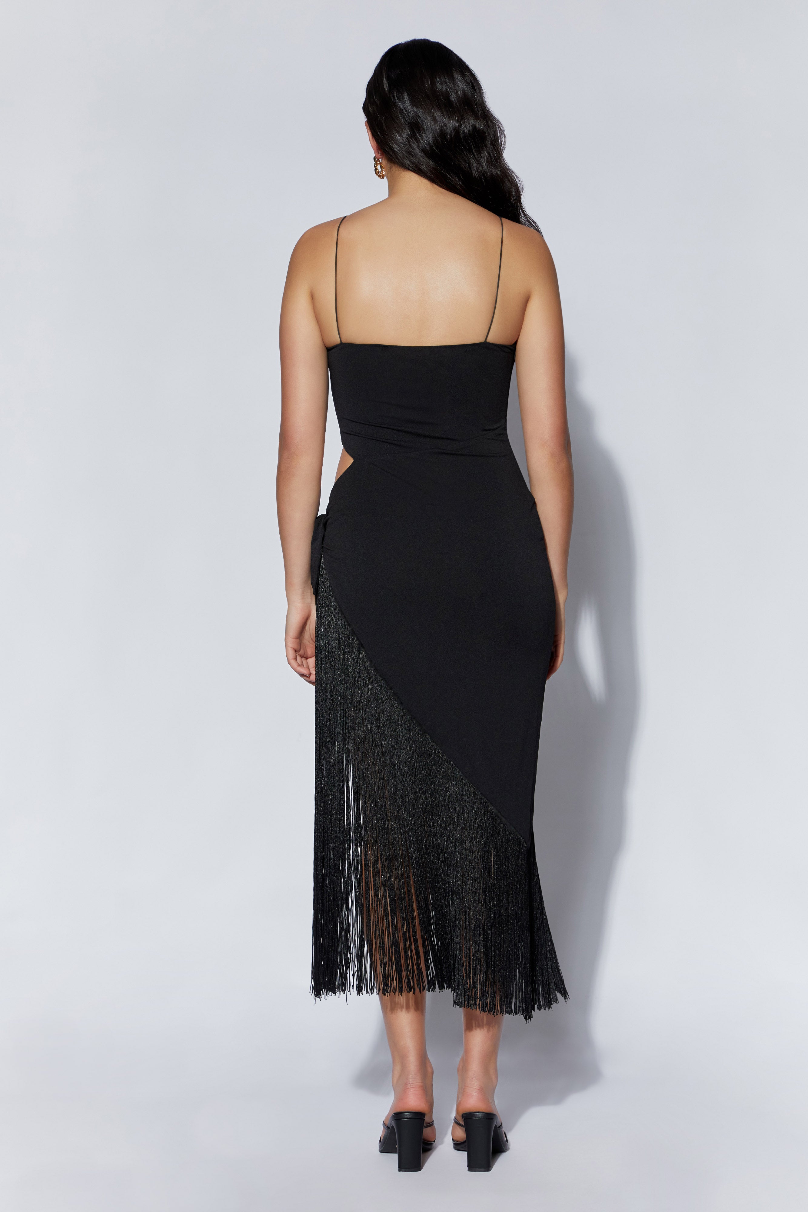 Yasmin Wrap Over Midi Dress With Fringing - Black