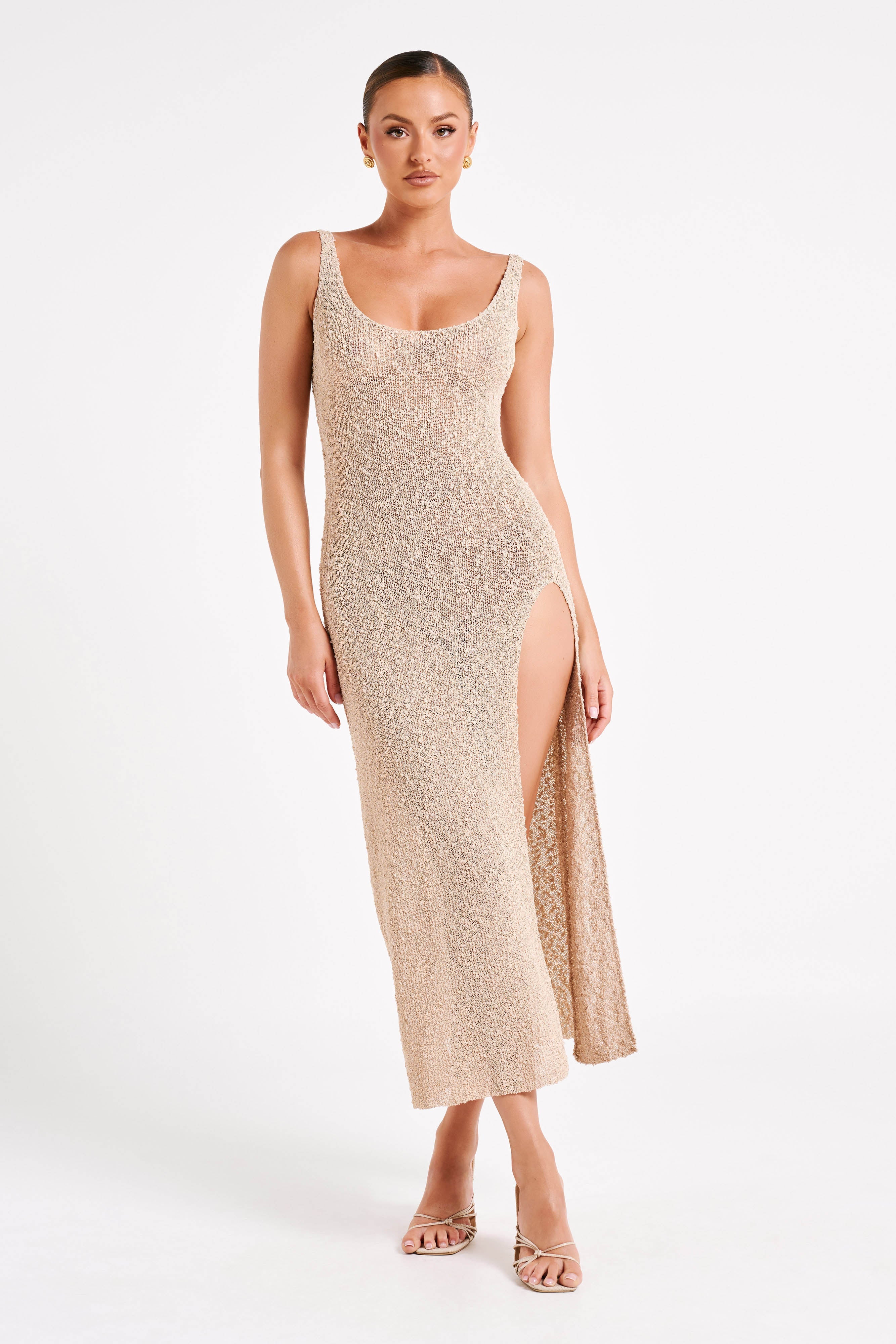 Vittoria Boucle Maxi Dress With Split - Wheat