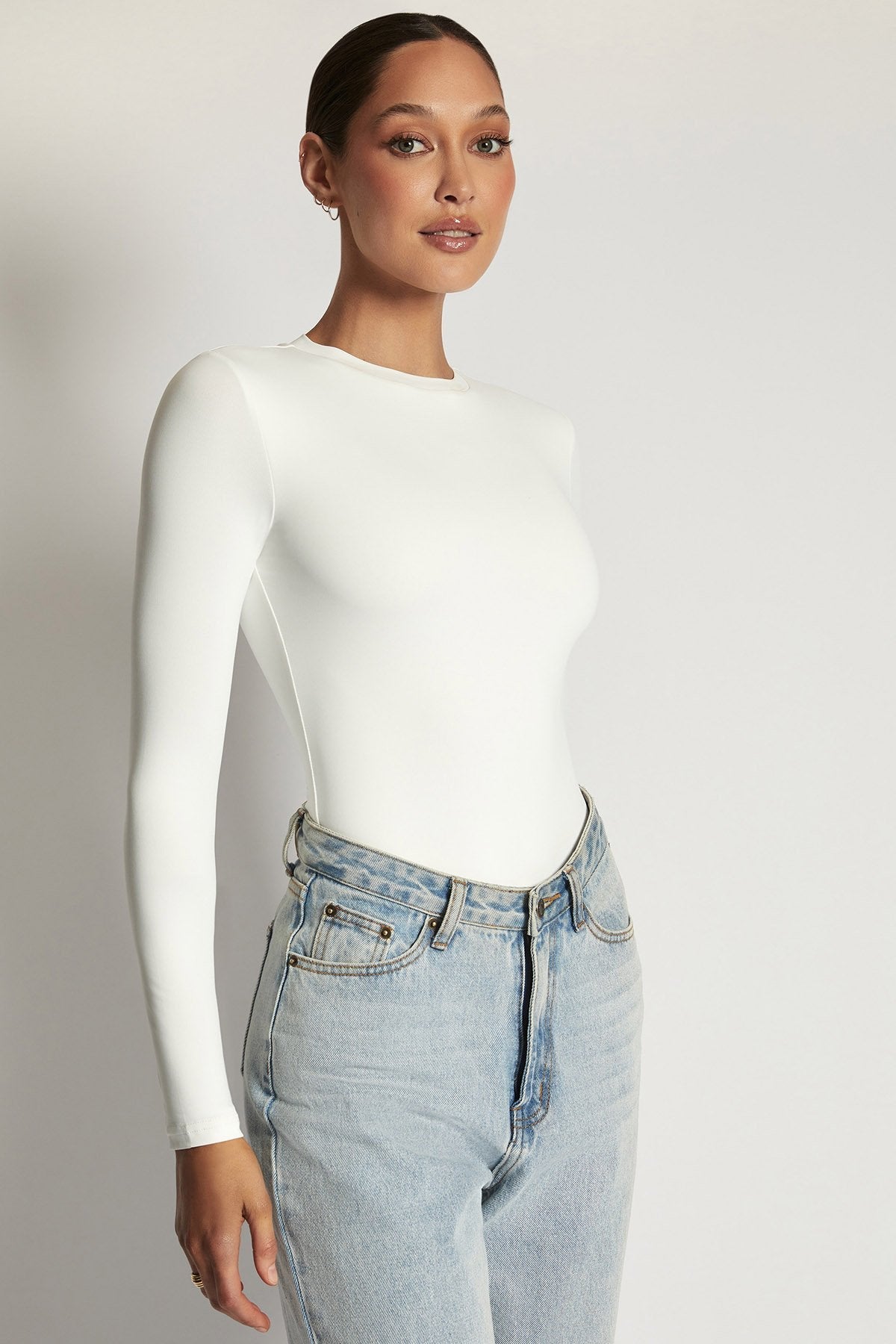 Delilah Long Sleeve Crew Neck Bodysuit - White