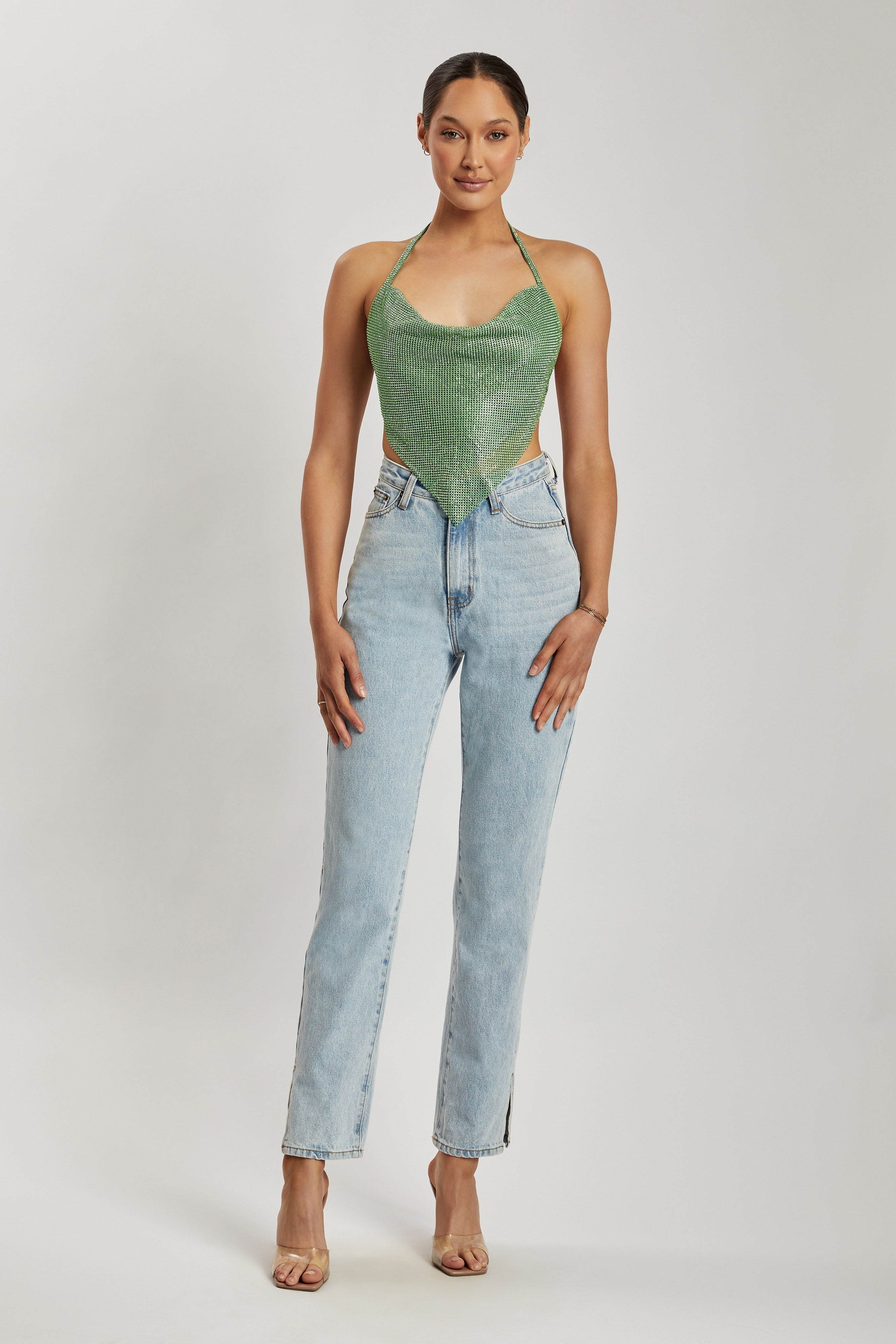 Daphne Diamante Cowl Neck Halter Top - Green