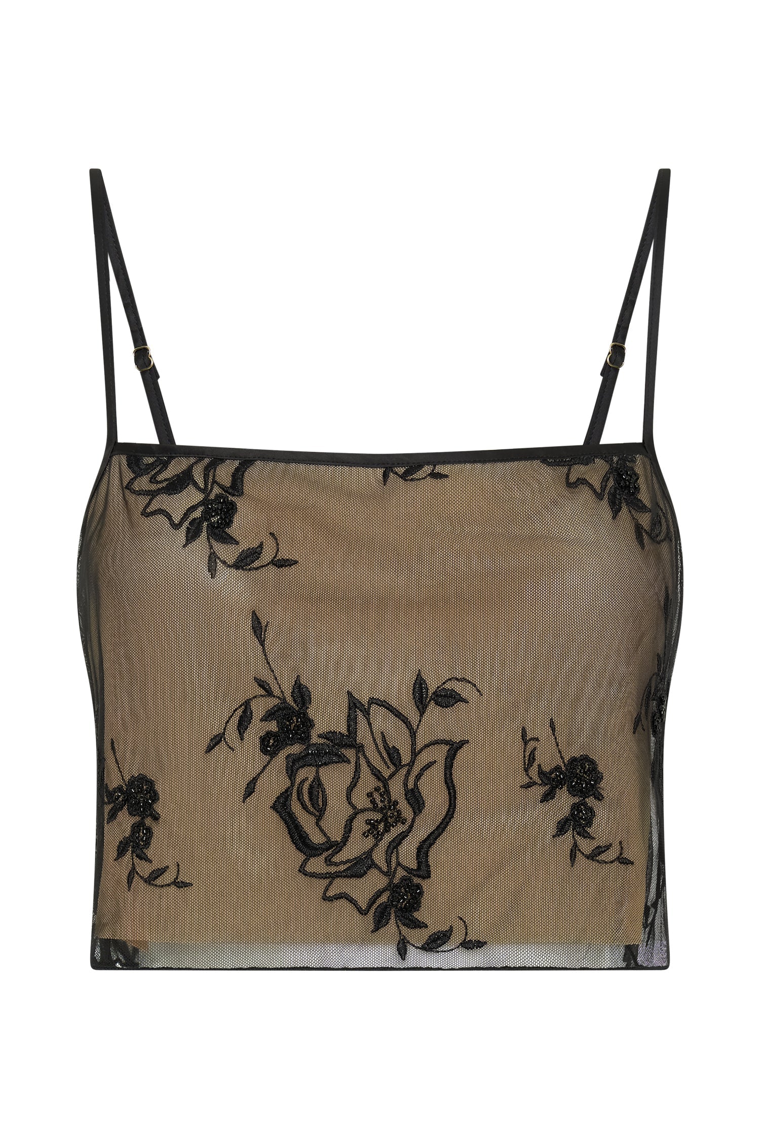 Xena Embroidered Mesh Cami Top - Black