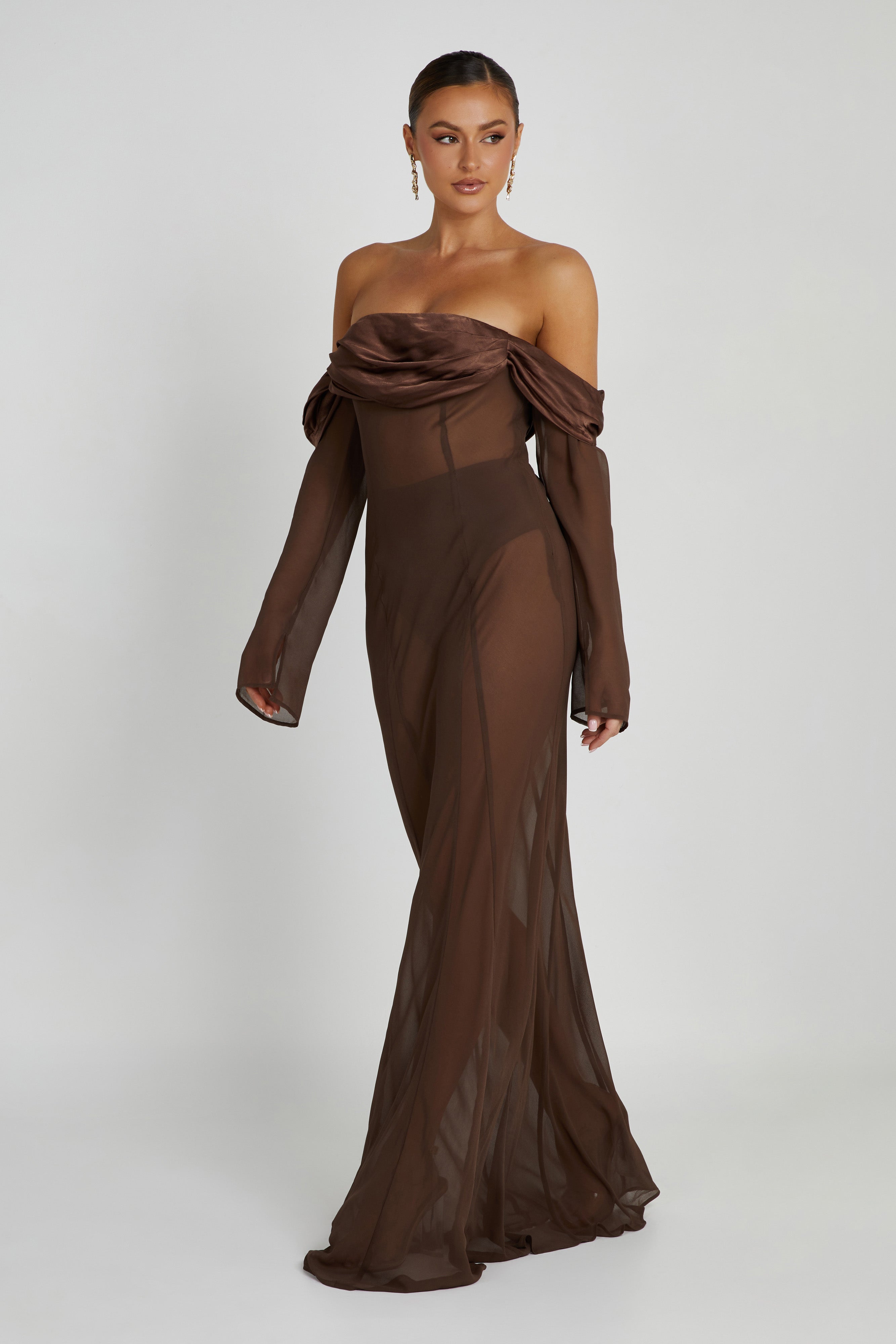 Ivanna Off Shoulder Chiffon Maxi Dress - Mocha