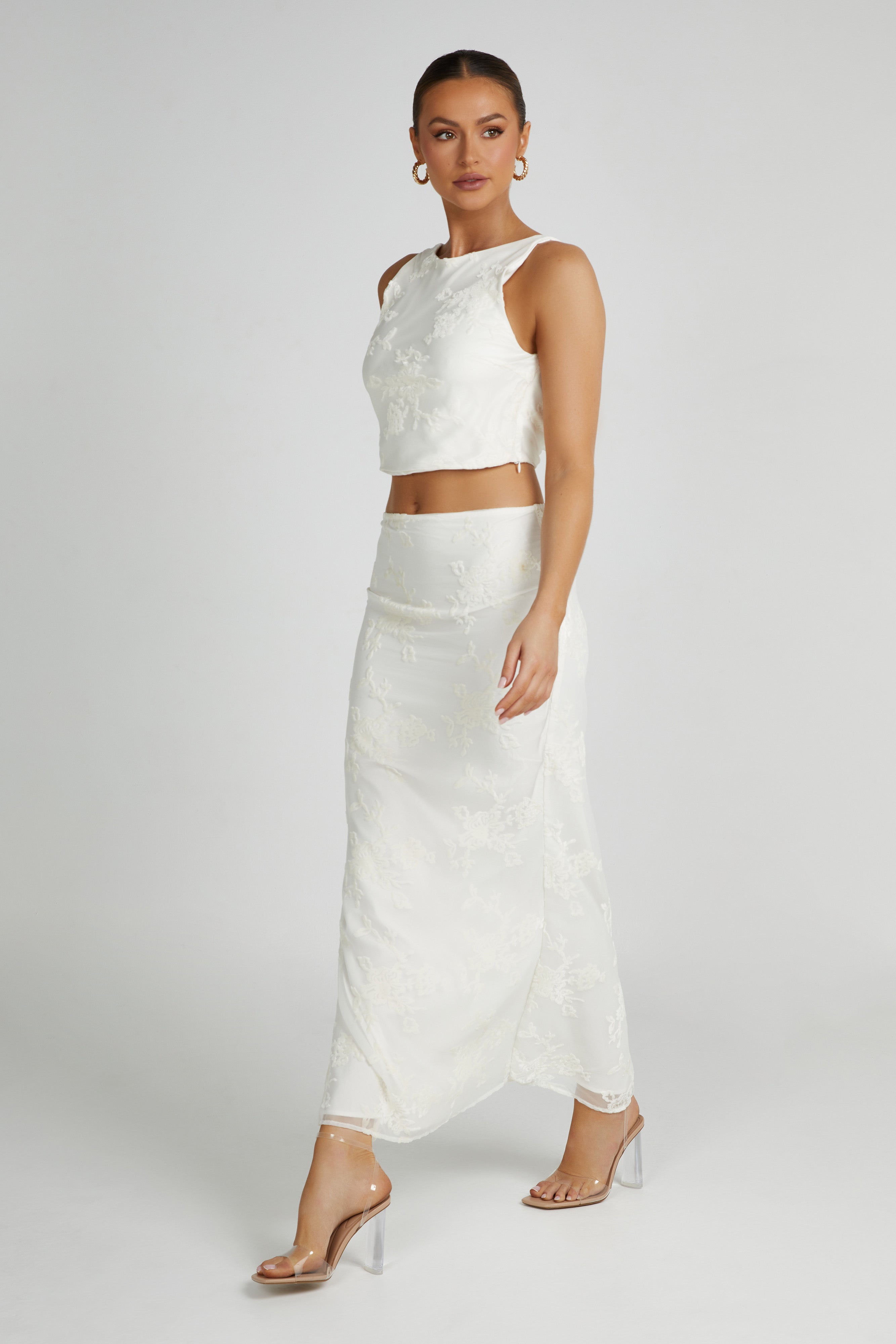 Mona Burnout Velvet Maxi Skirt - White