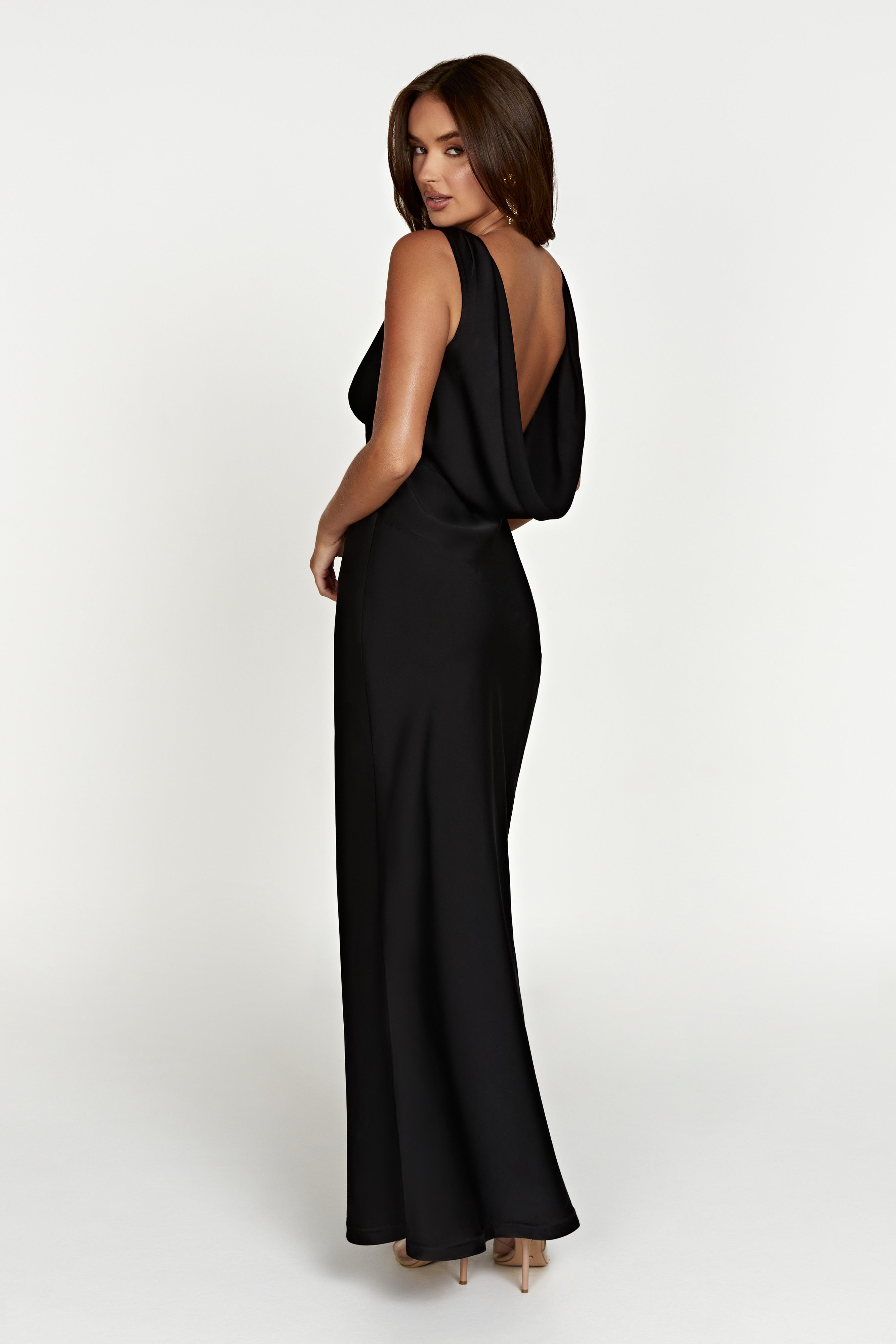 Nadia Maxi Satin Dress With Back Cowl - Black