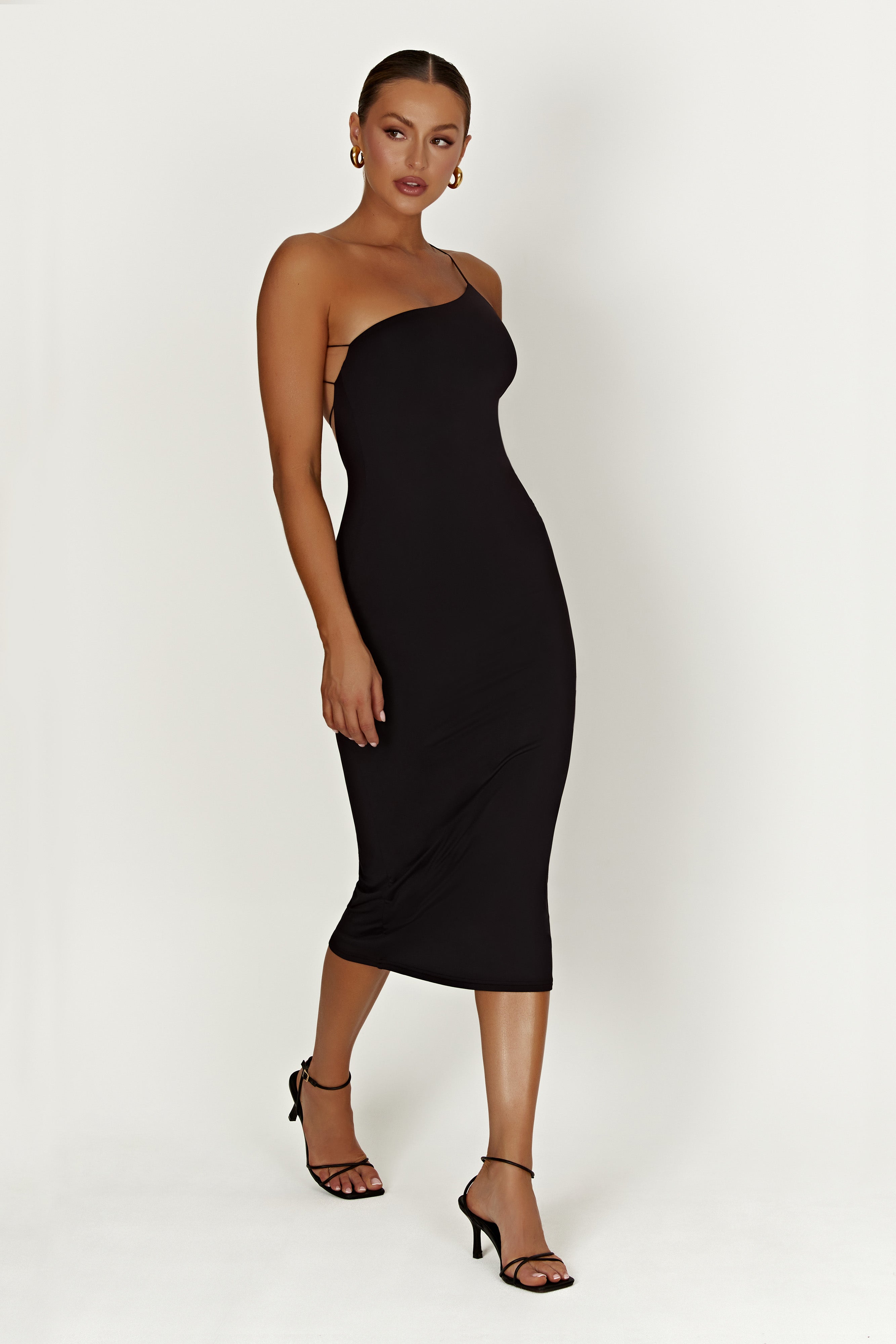 Rosalind Recycled Nylon One Shoulder Midi Dress - Black