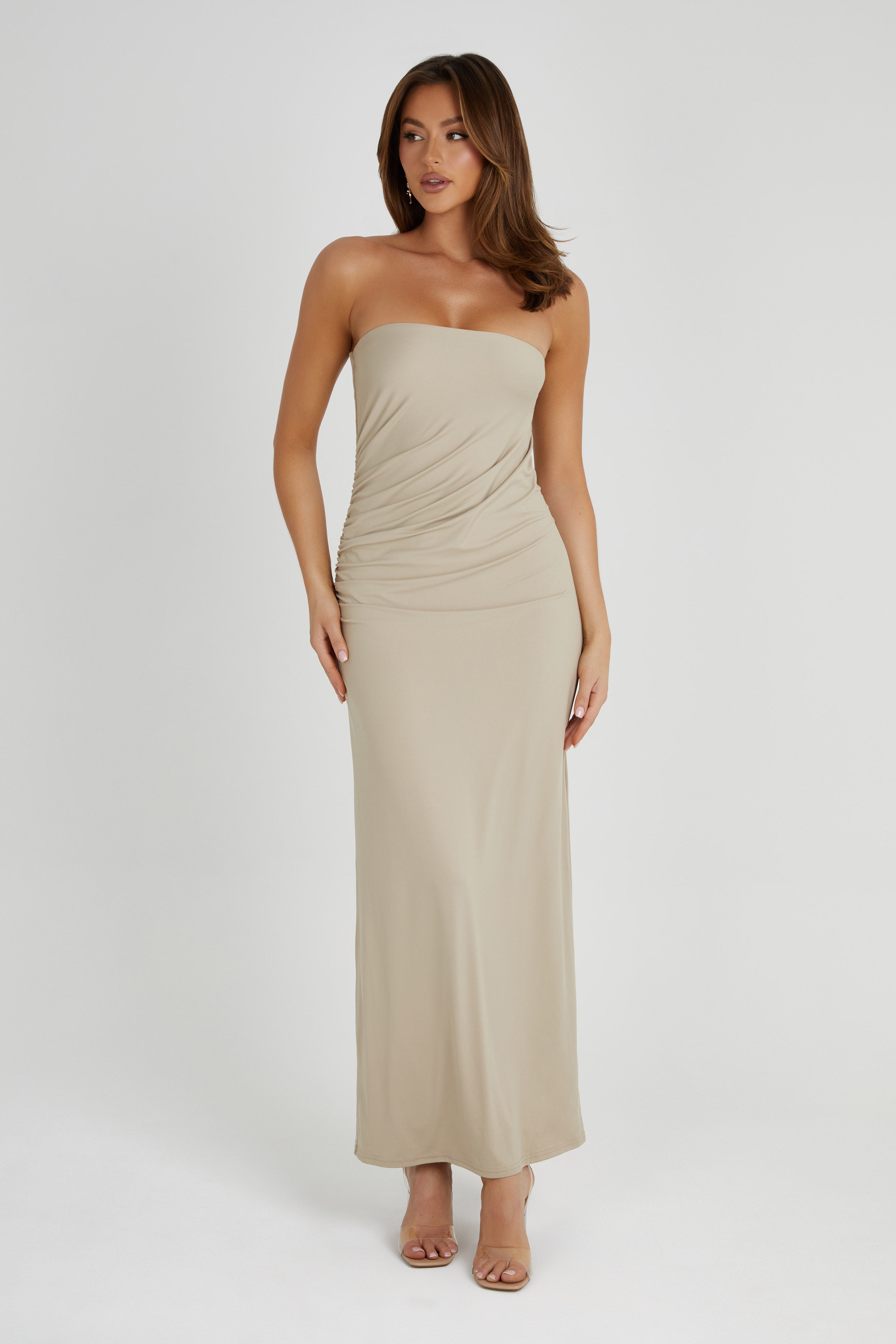 Astraea Recycled Nylon Drape Maxi Dress - Taupe