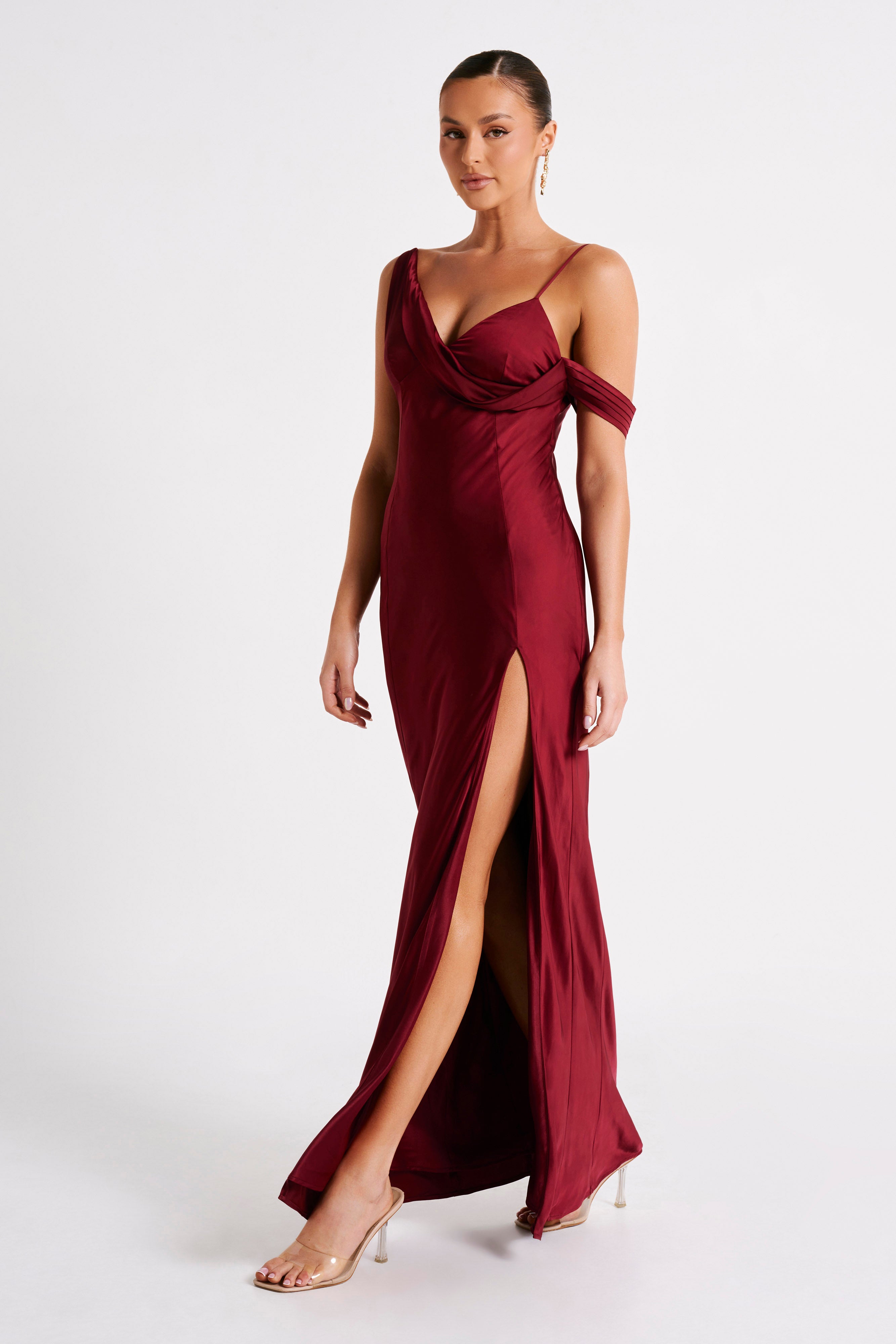 Valentine's Day Satin Off Shoulder Maxi Dress - Berry