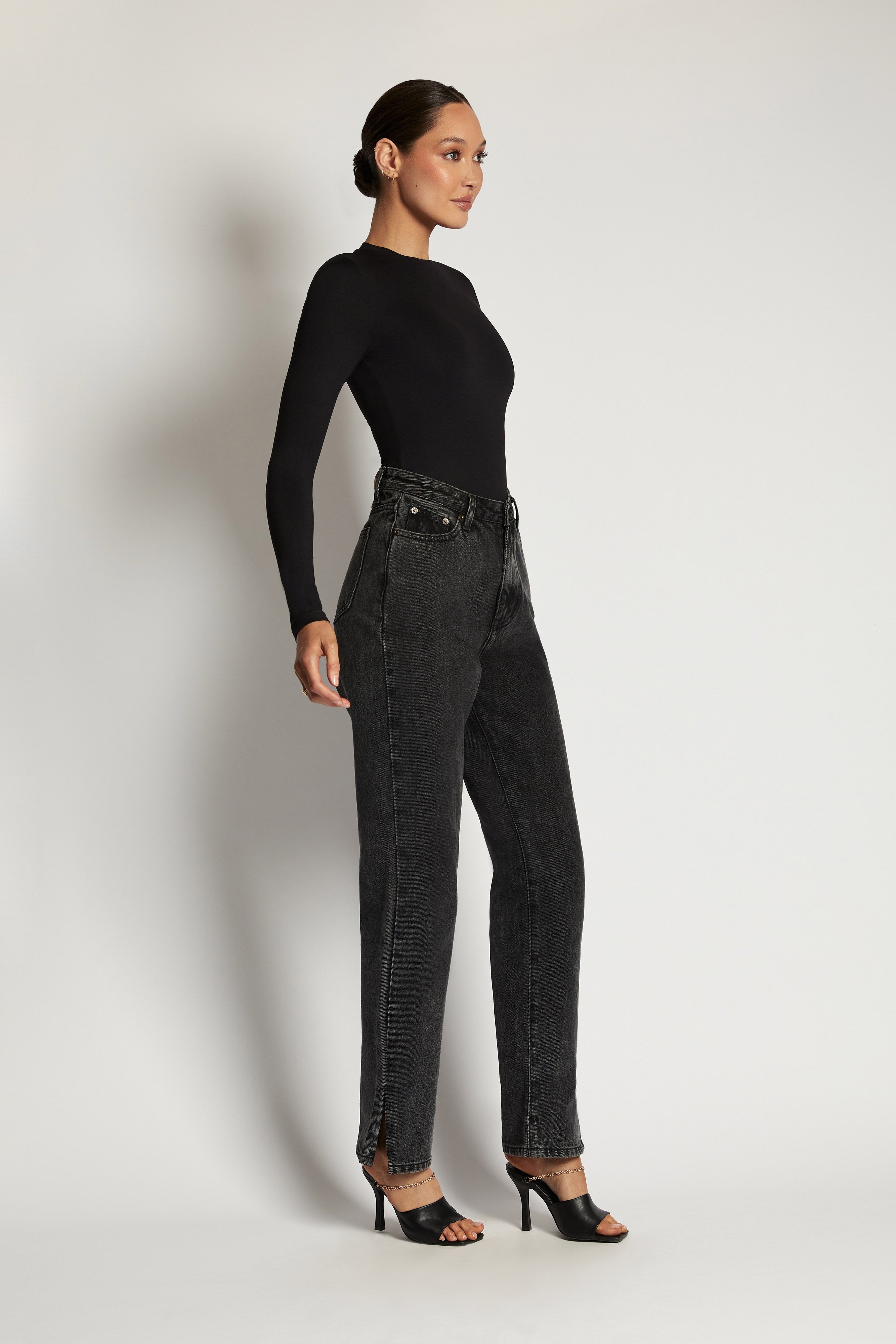 Delilah Long Sleeve Crew Neck Bodysuit - Black