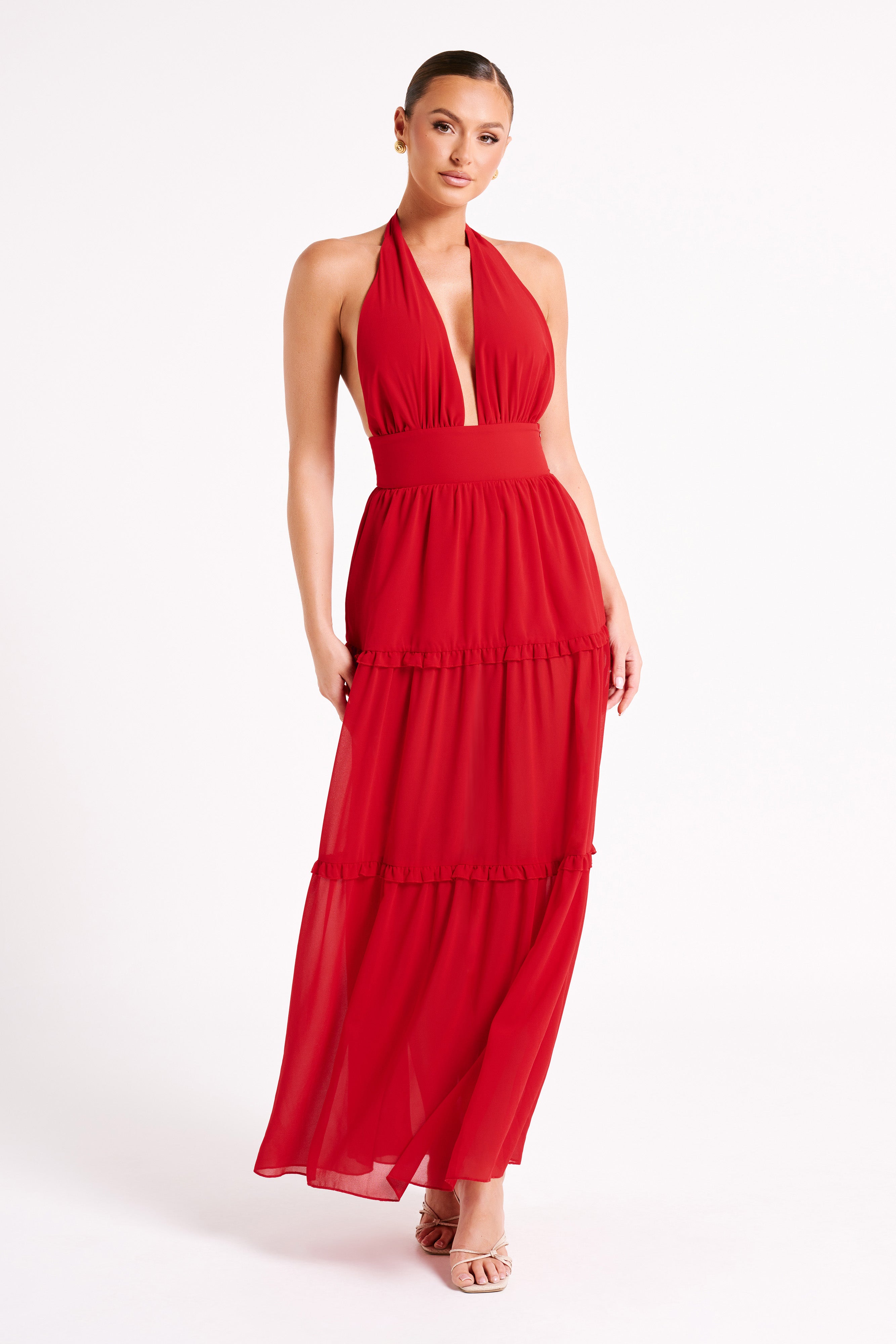 Marianna Tiered Halter Maxi Dress - Vermilion Red