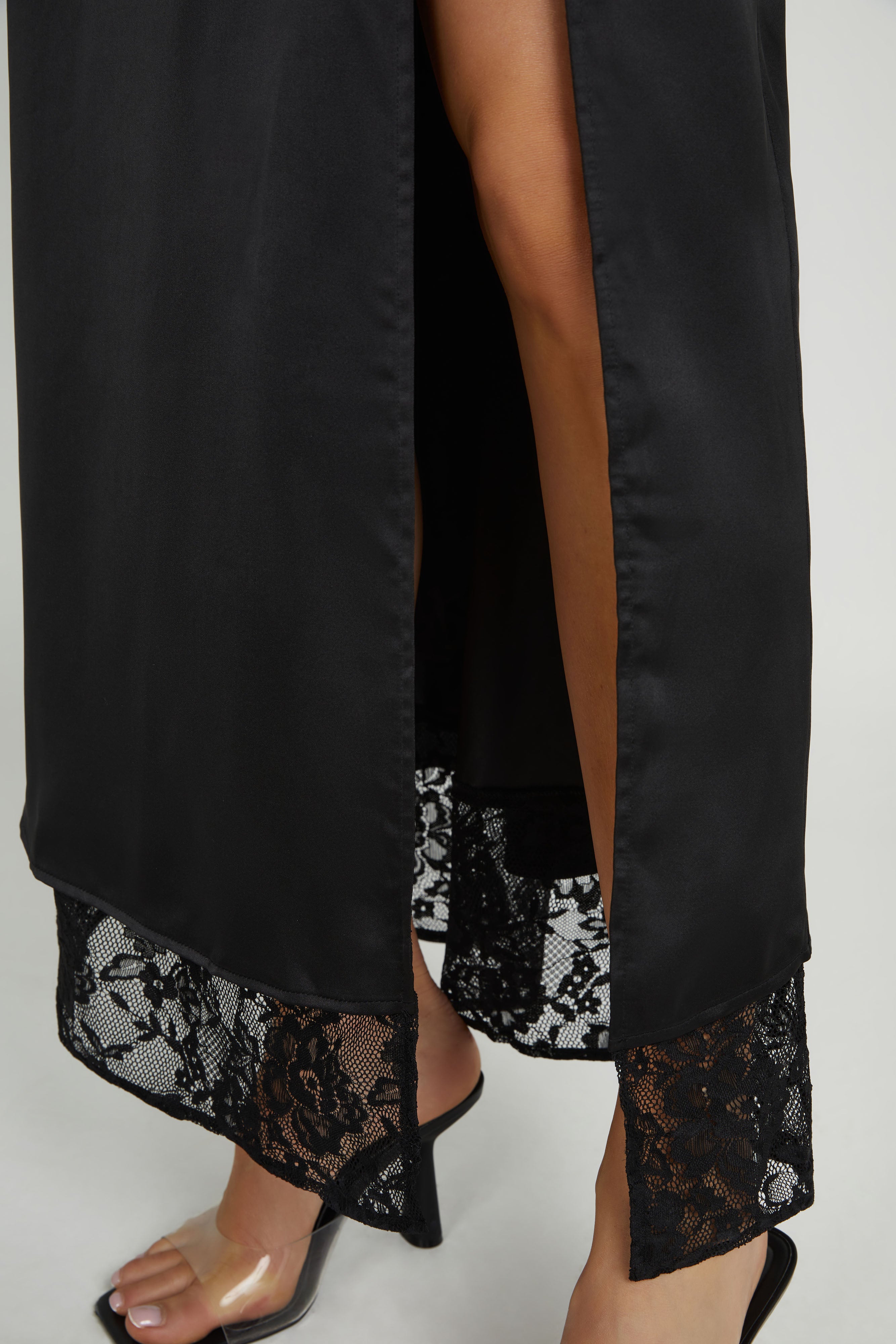 Mia Satin Lace Midi Skirt - Black