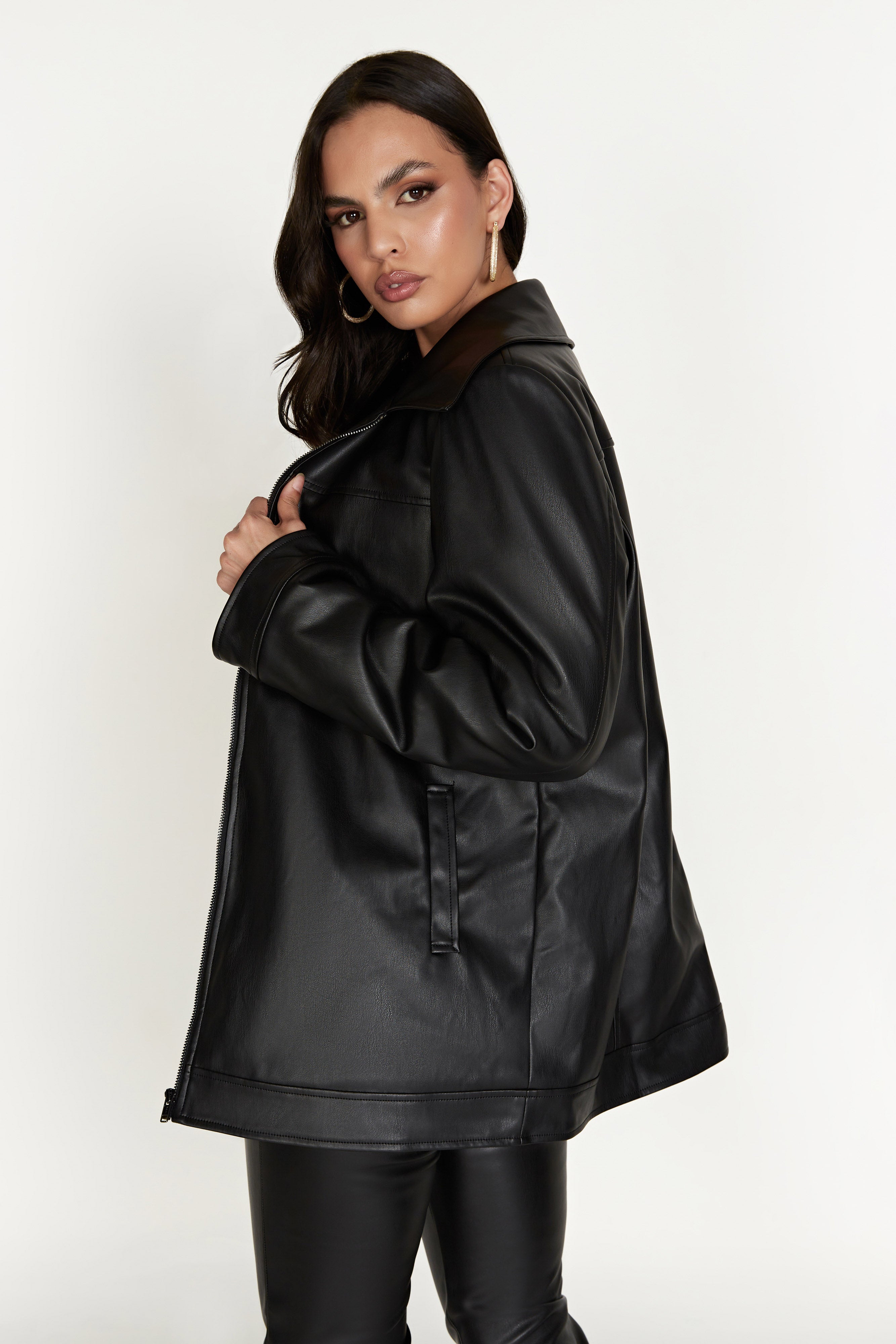 Savannah Faux Leather Aviator Jacket - Black