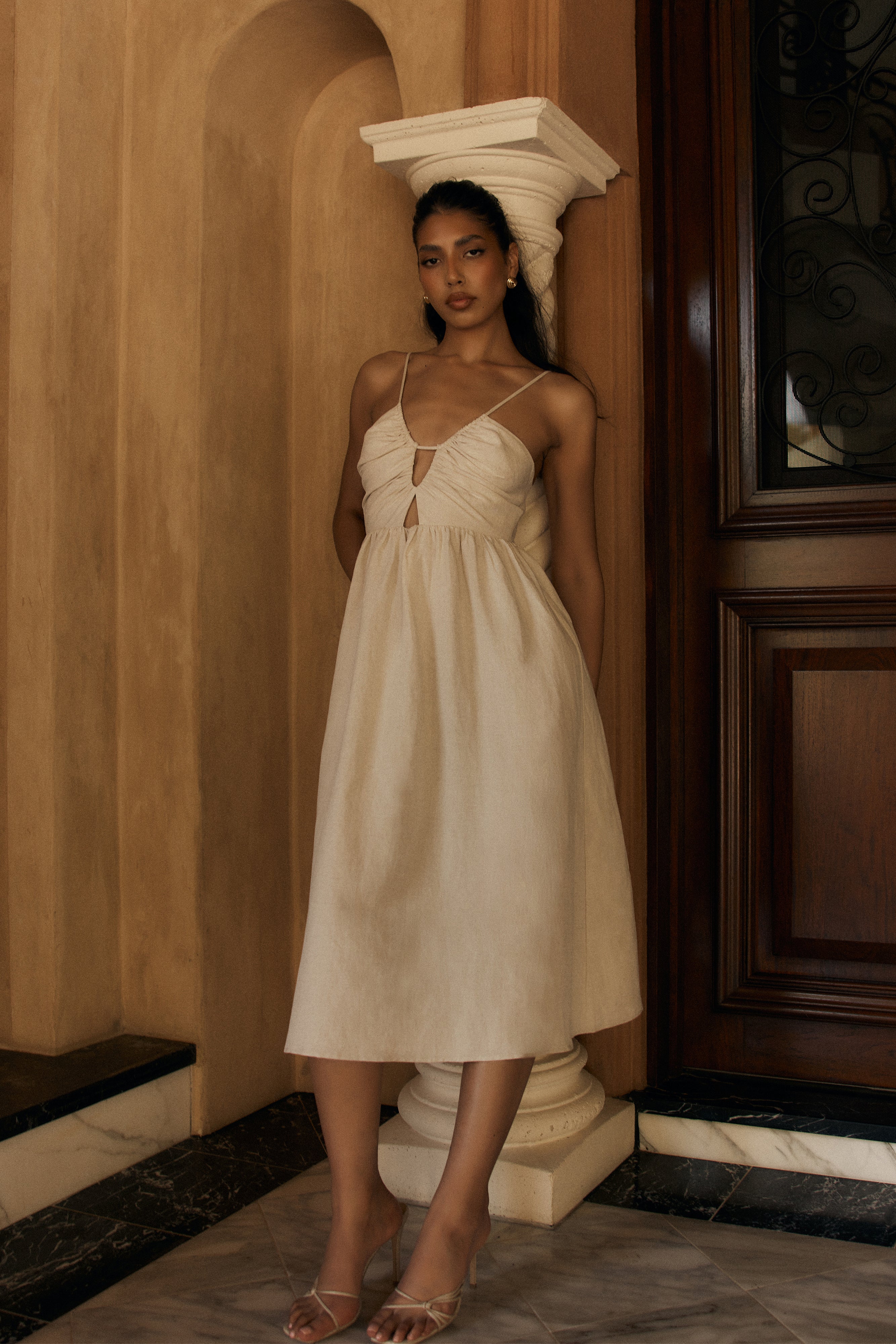 Magdelena Cut Out Linen Midi Dress - Natural