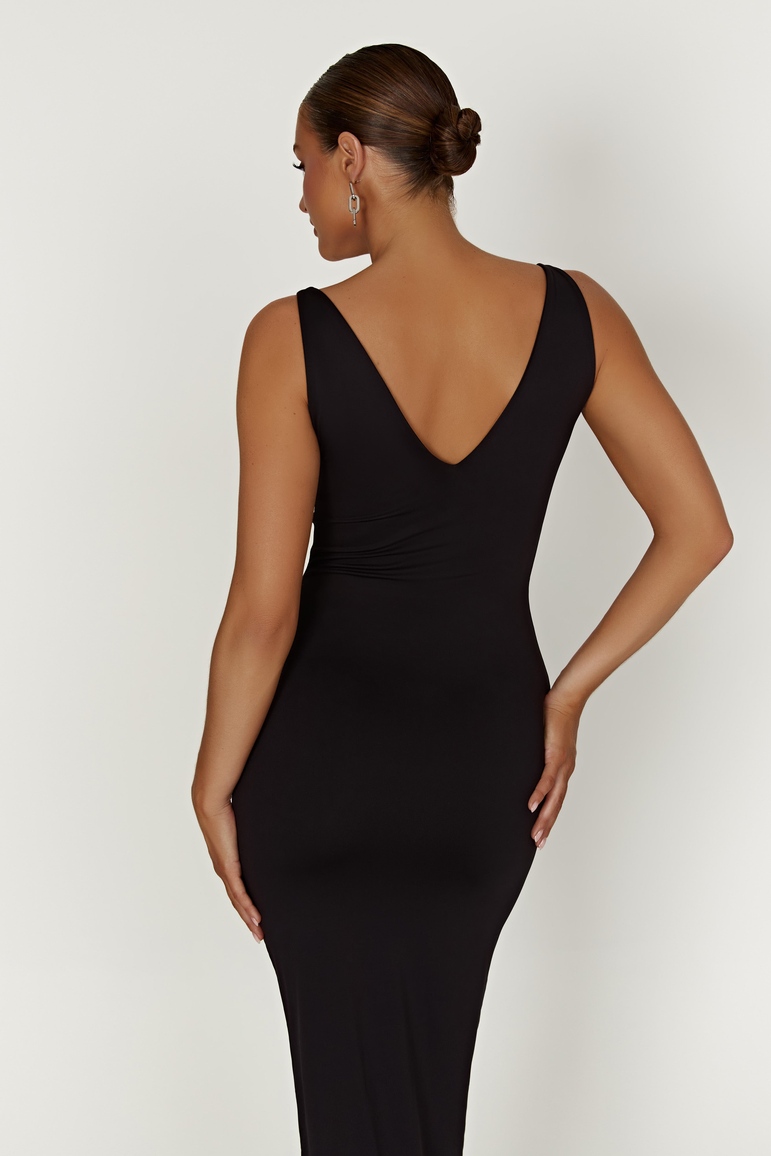 Gretel Recycled Nylon V Neck Midi Dress - Black