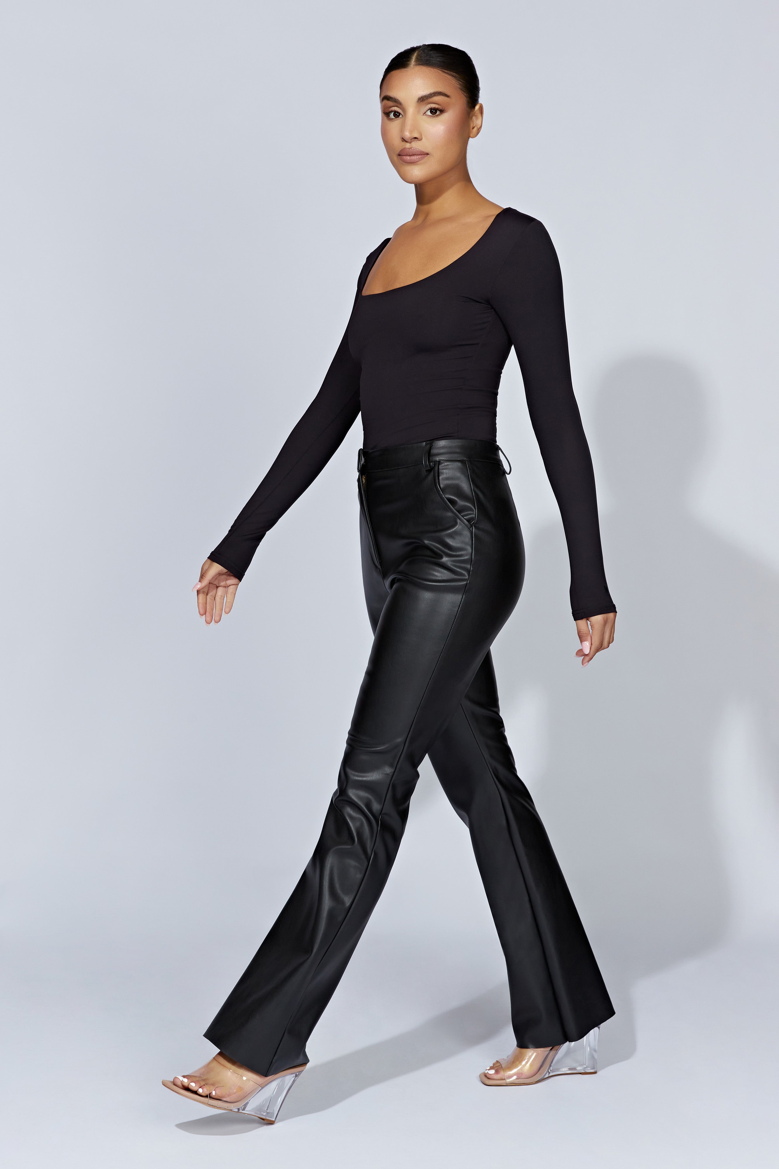 Heather Scooped Long Sleeve Top - Black