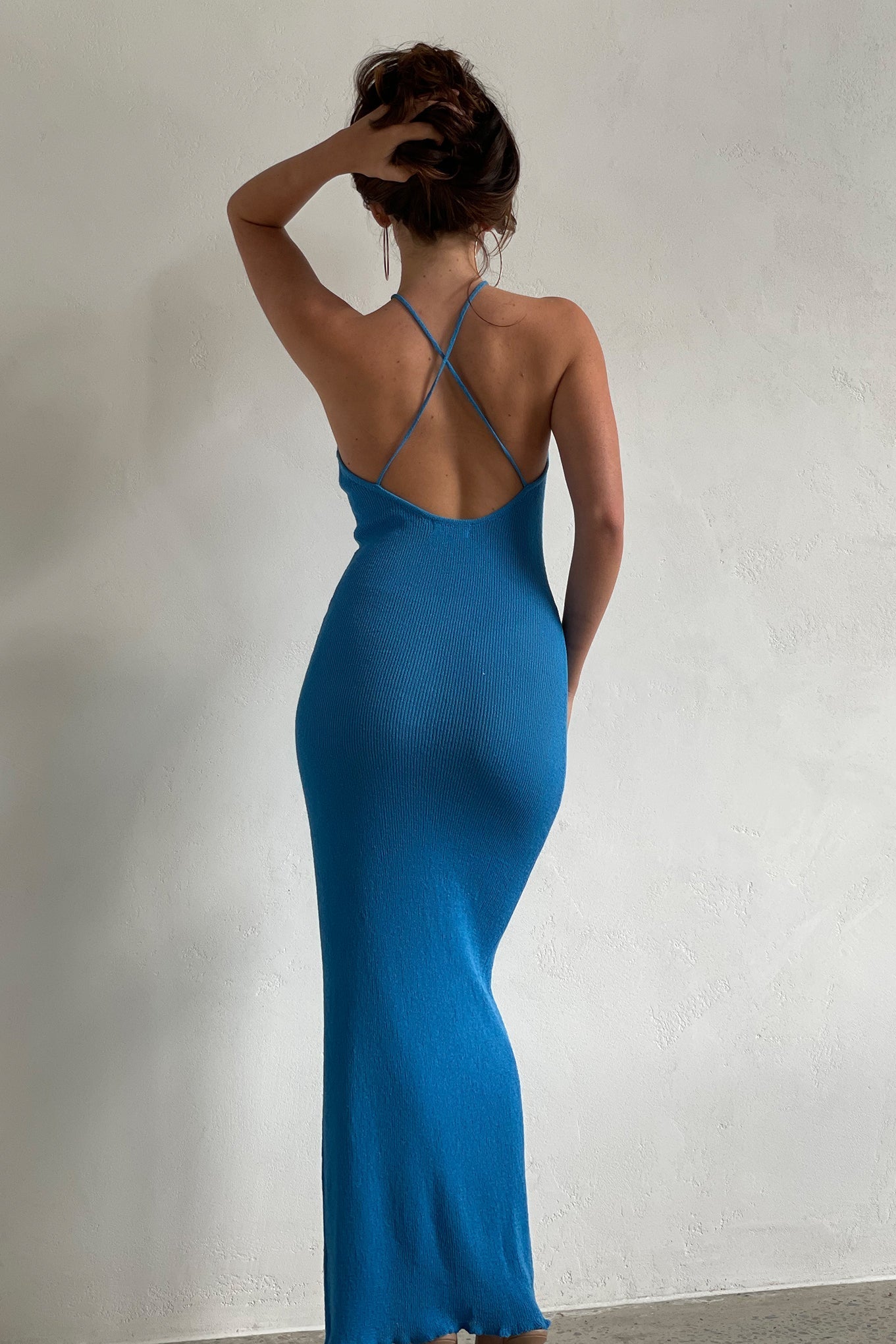 Aryana Asymmetrical Straight Maxi Halter Knit Dress - Azure Blue