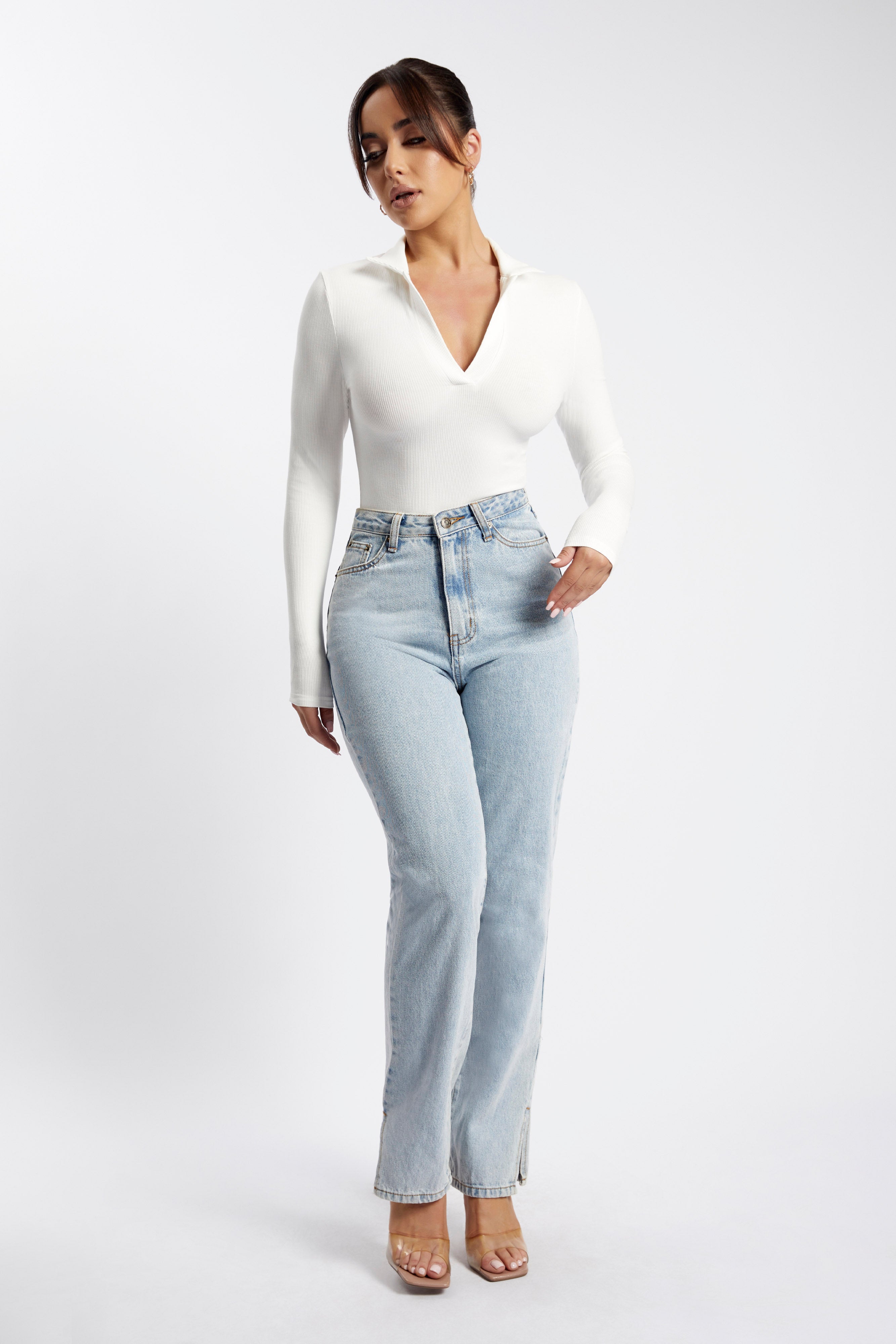 Belle Long Sleeve Collar Bodysuit - White