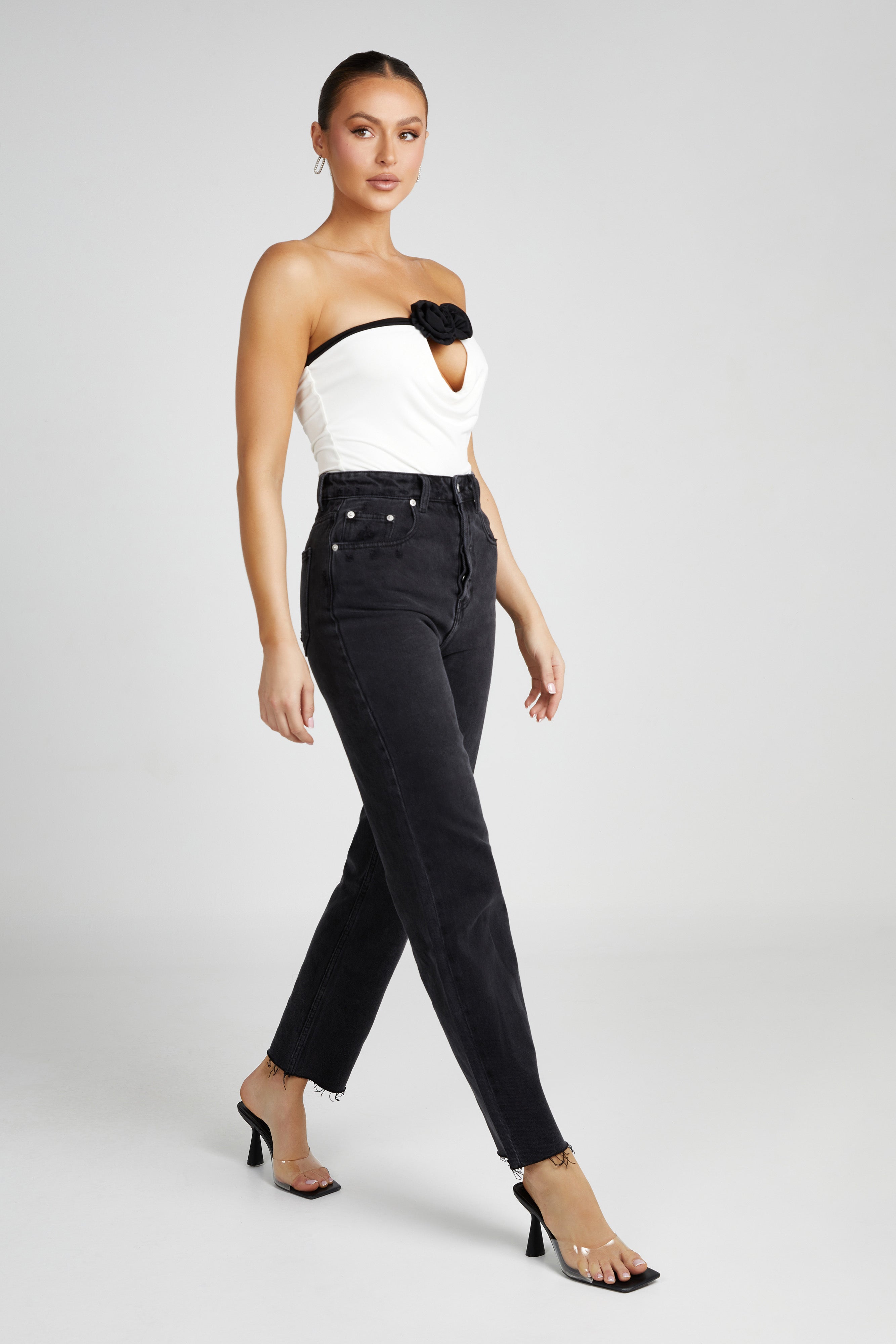 Megan Strapless Rose Top - Black/White