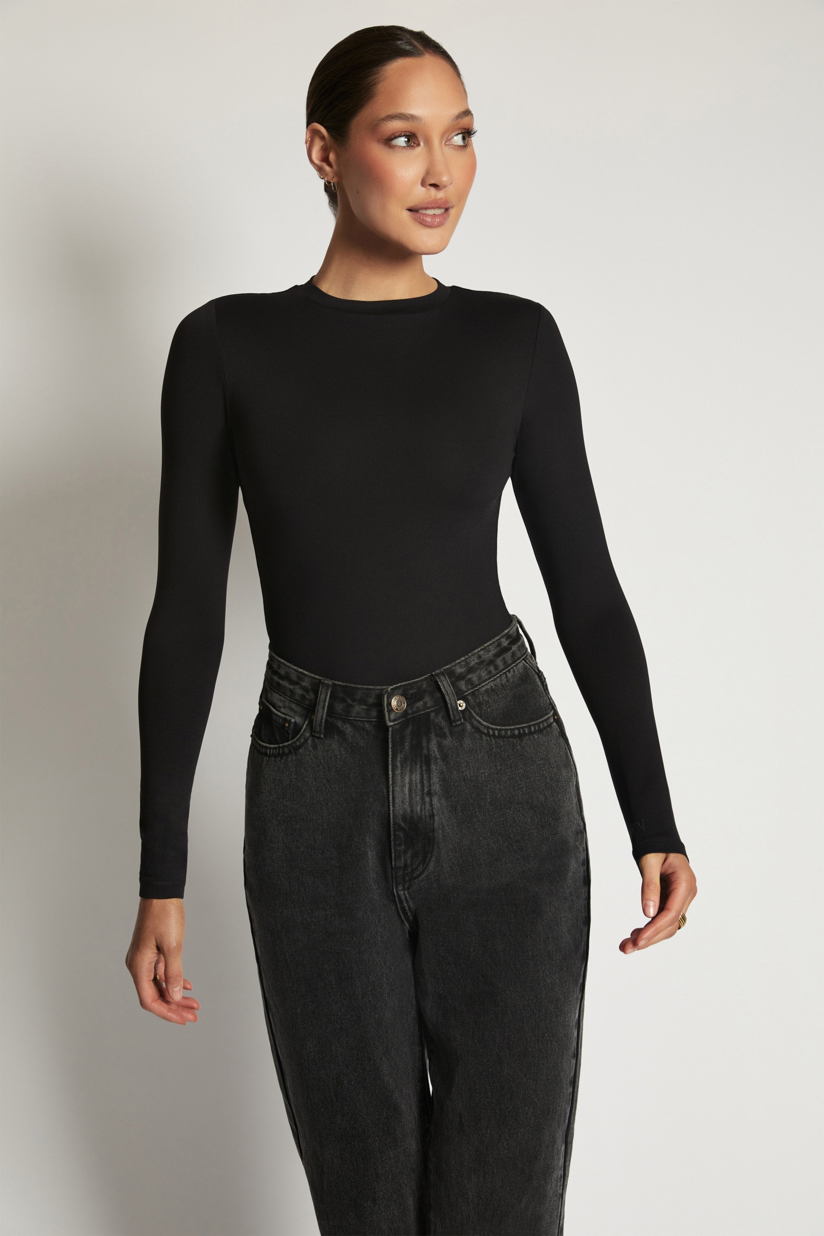 Delilah Long Sleeve Crew Neck Bodysuit - Black