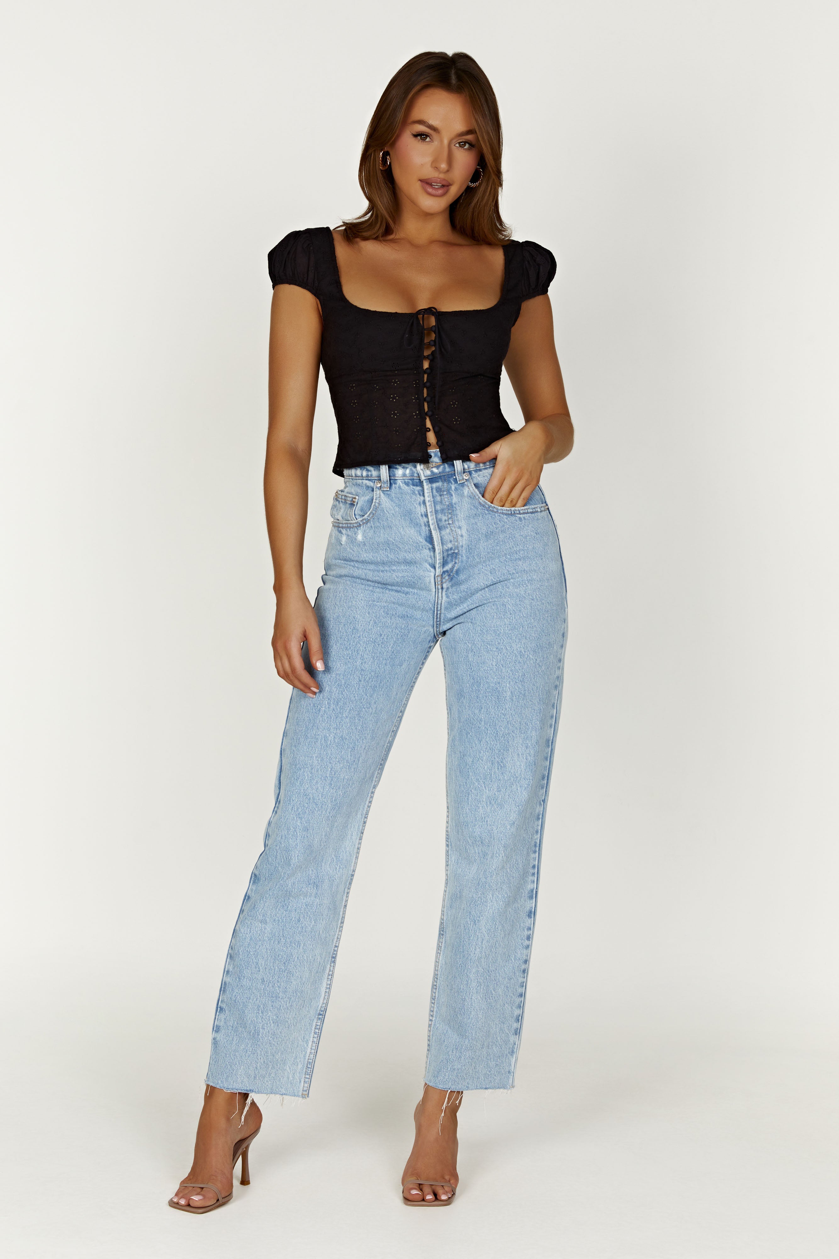 Cressida Cotton Anglaise Puff Sleeve Top - Black