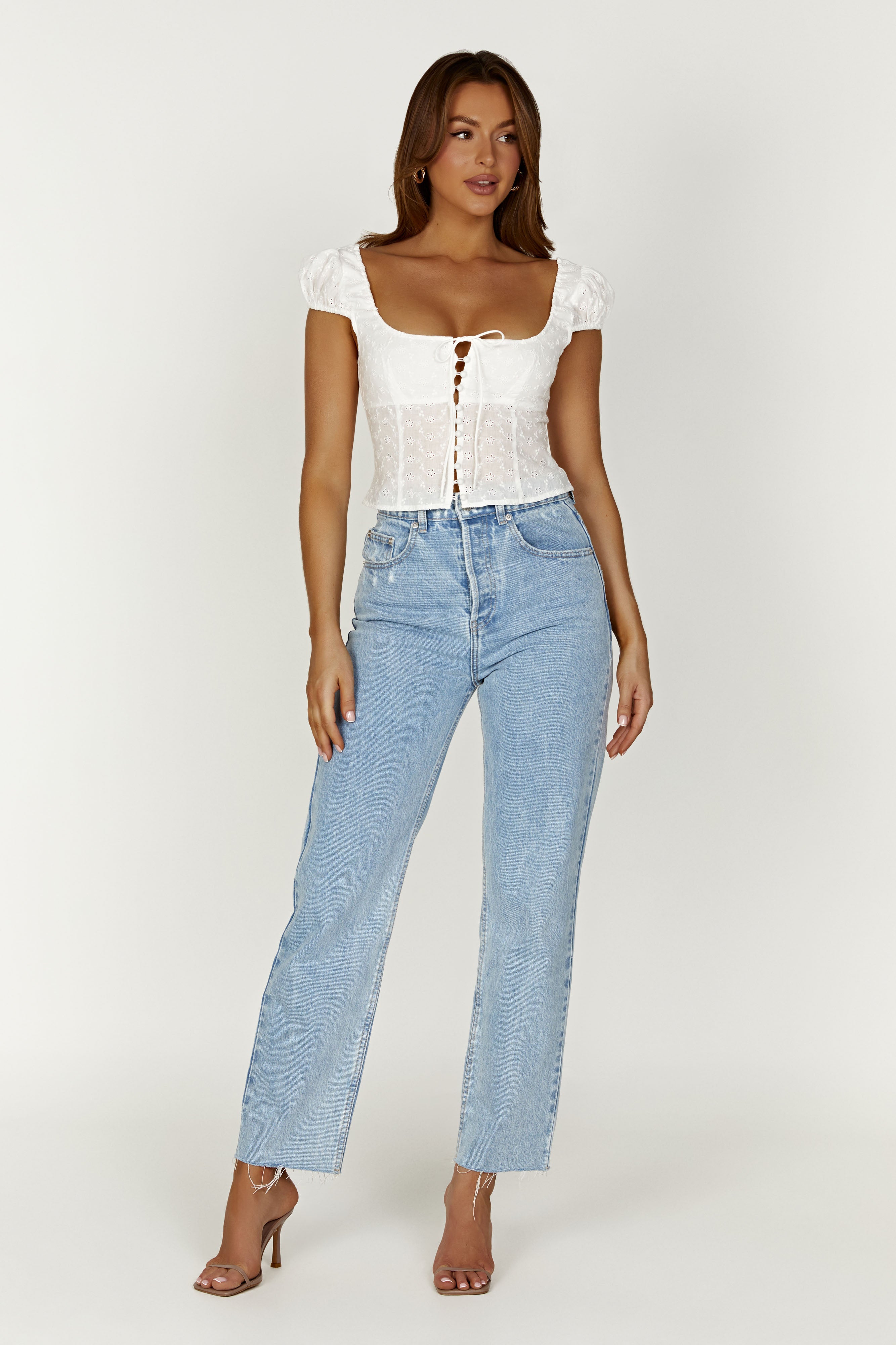 Cressida Cotton Anglaise Puff Sleeve Top - White