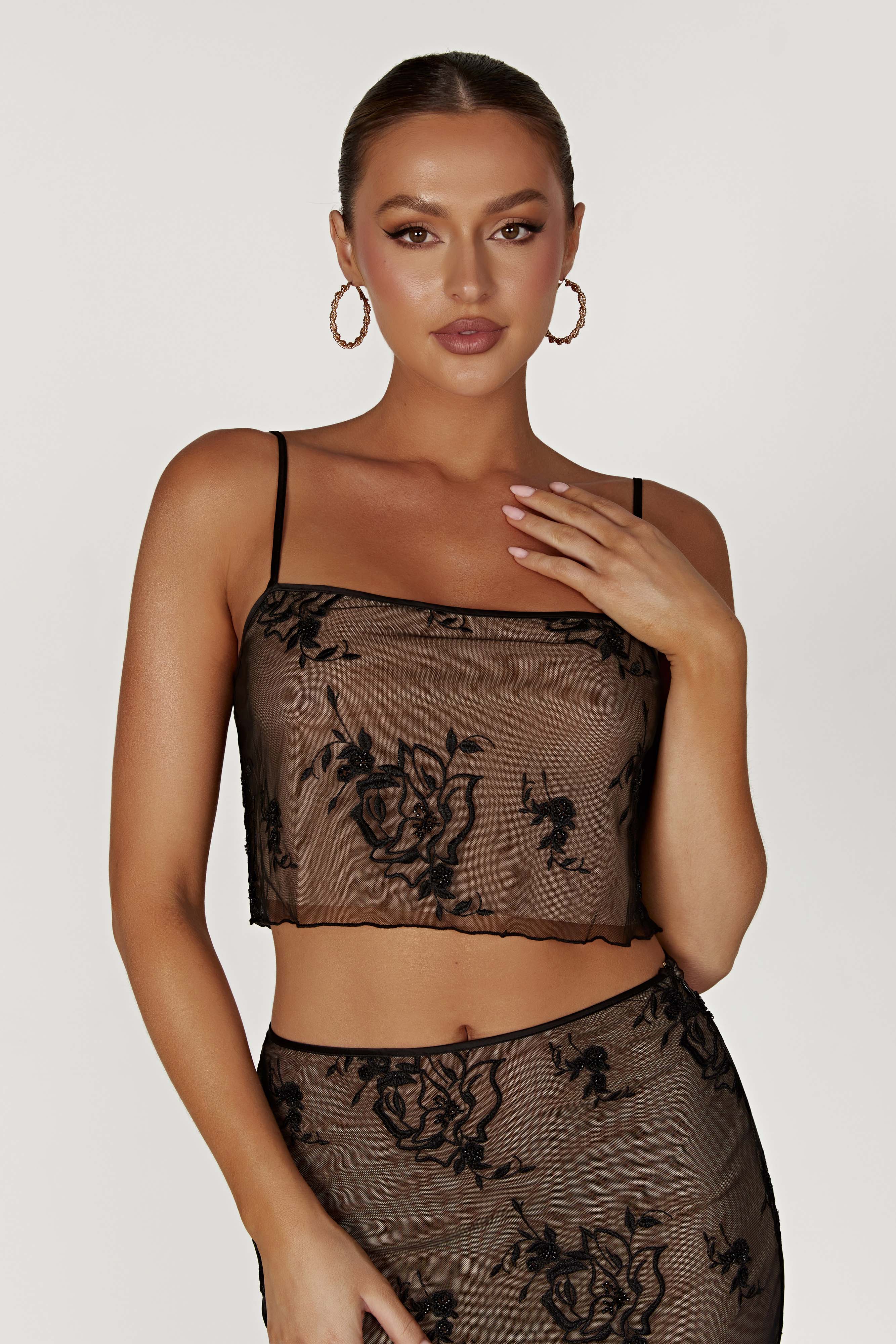 Xena Embroidered Mesh Cami Top - Black