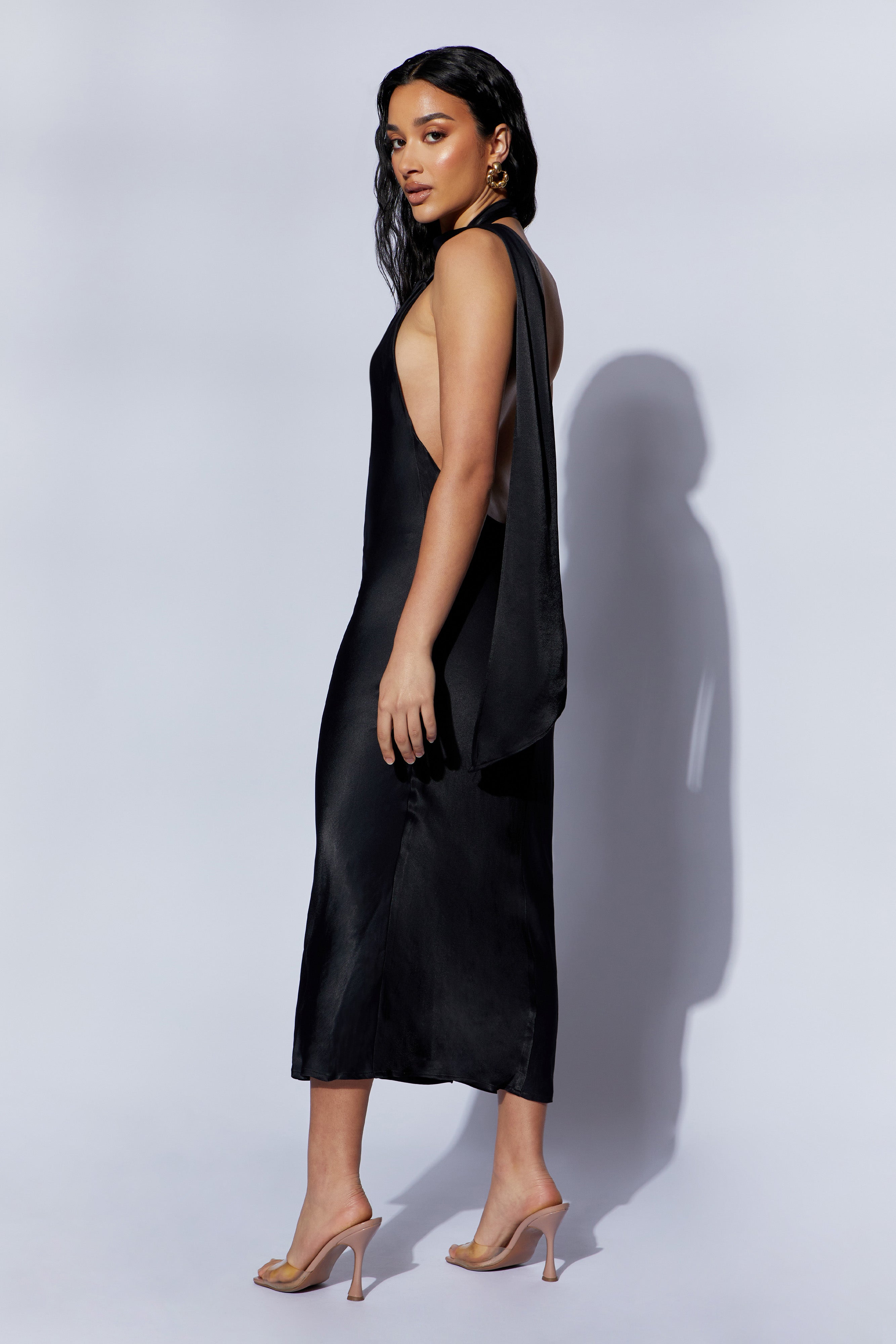 Astrella Neck Wrap Midi A-Line Dress - Black