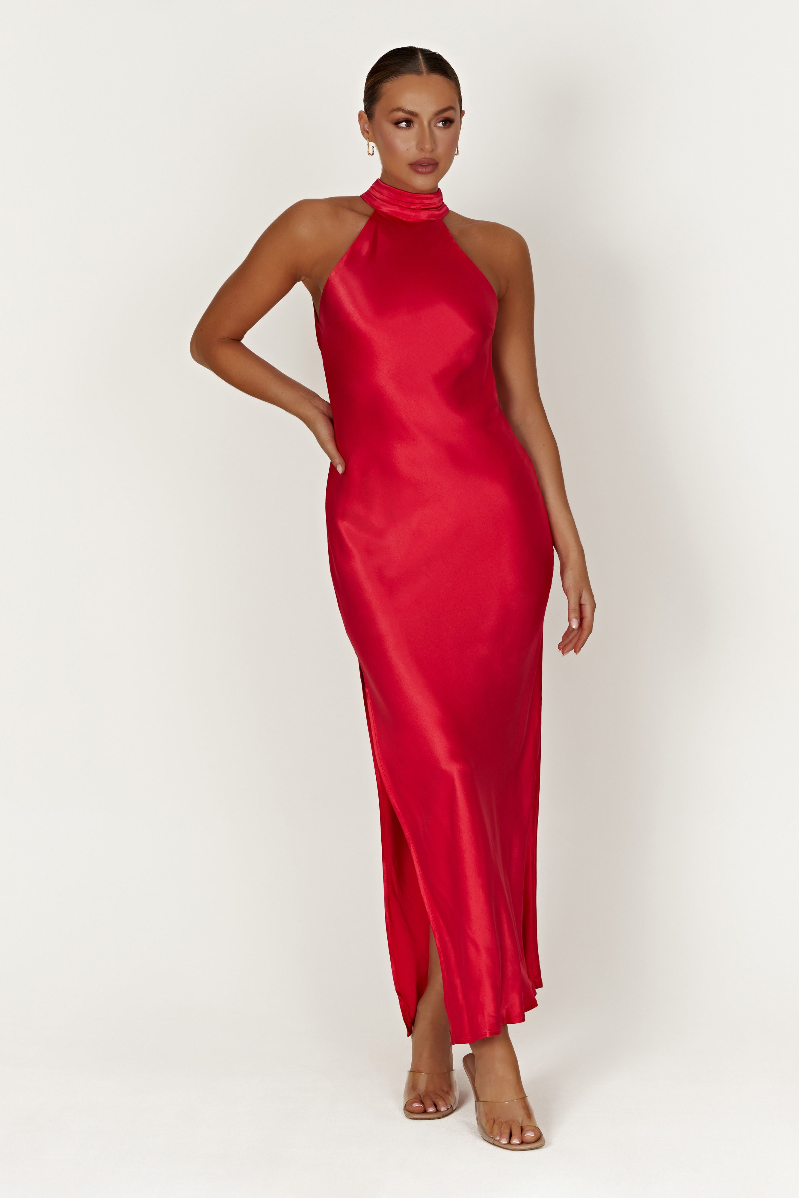 Claire Satin Drape Back Maxi Dress with Split - Red