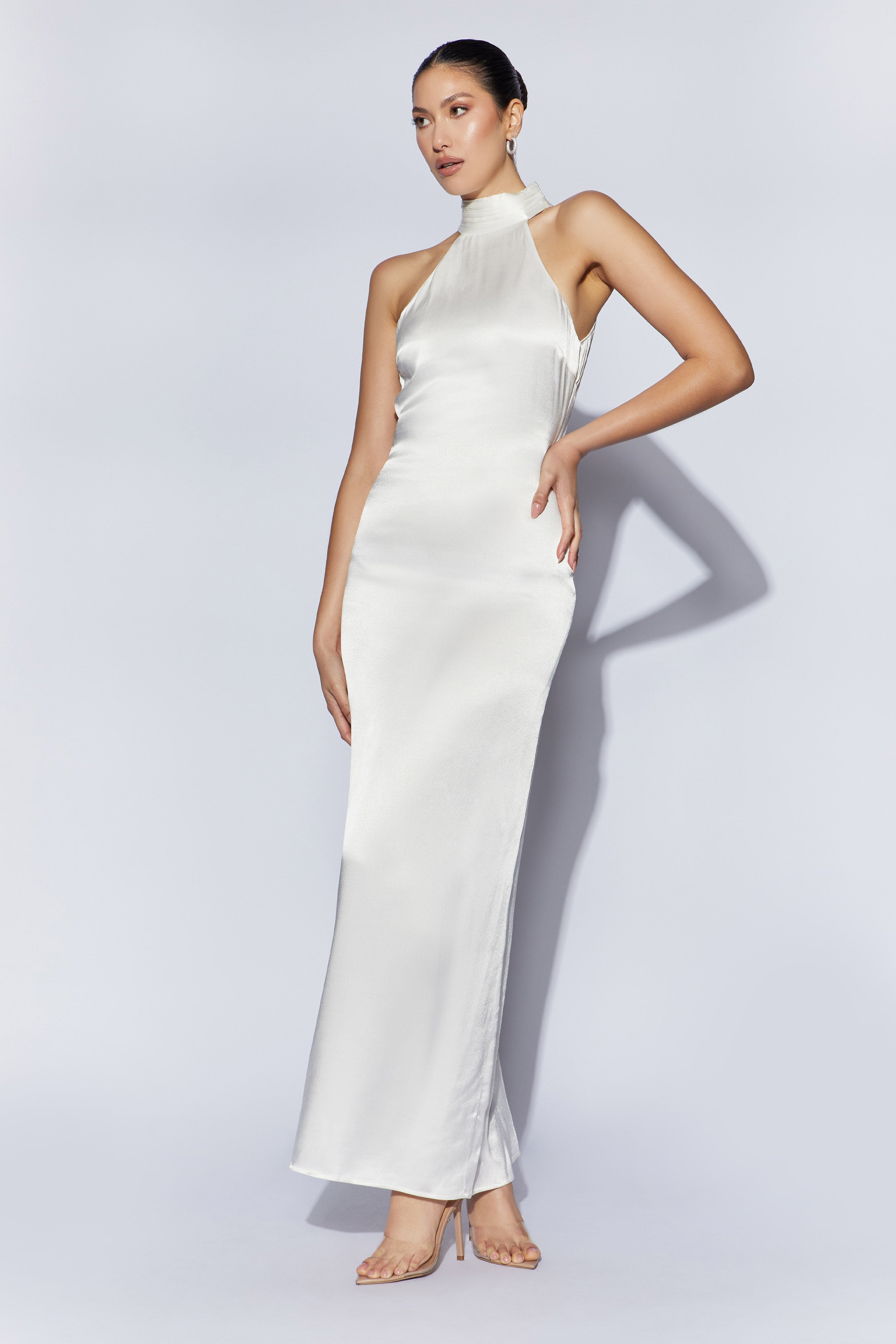 Claire Satin Drape Back Maxi Dress - White